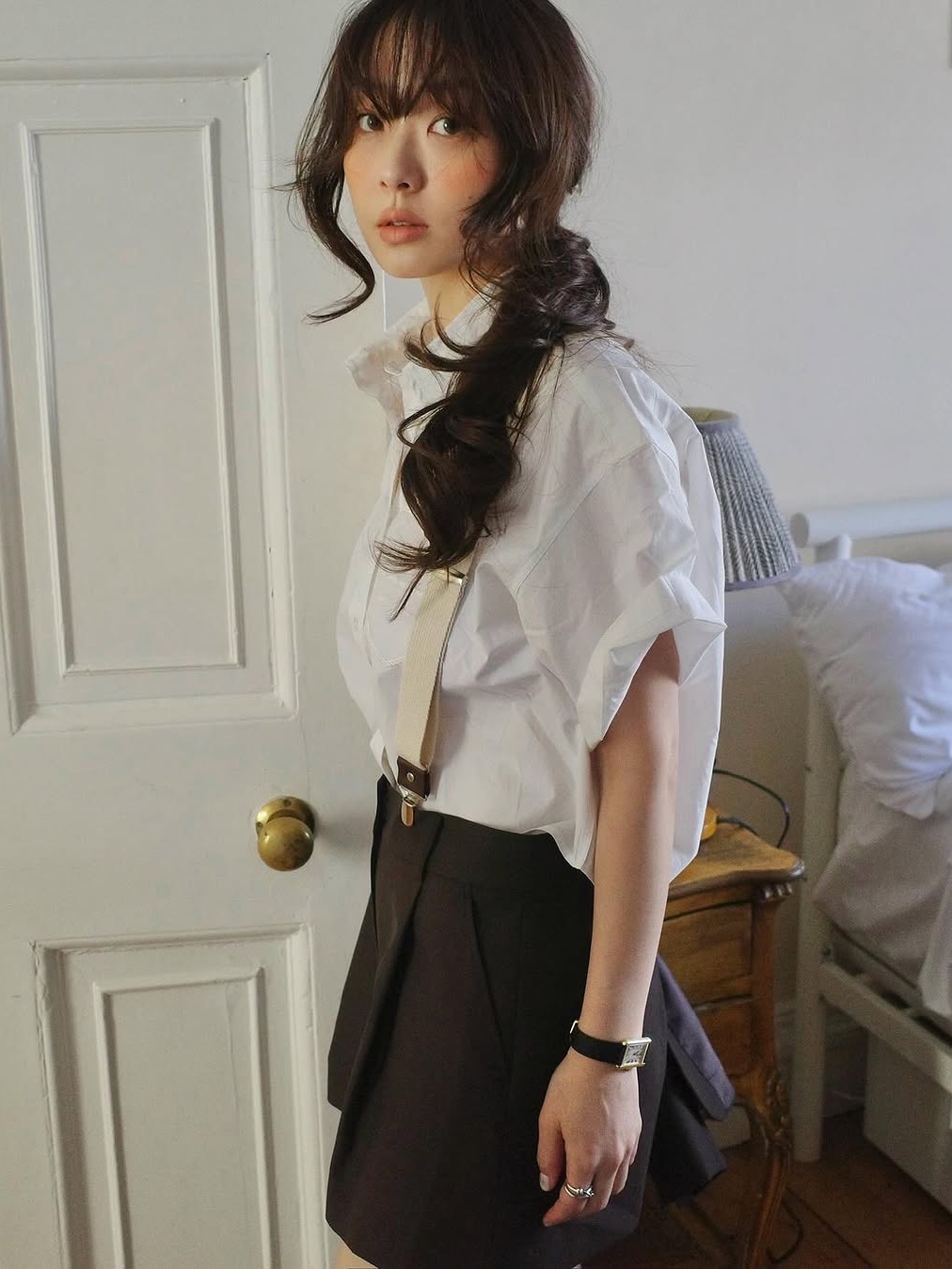 FLETTA Classic Pintuck Shorts Brown, FLETTA Classic Pintuck Shorts Gray 착용 스타일 - 1