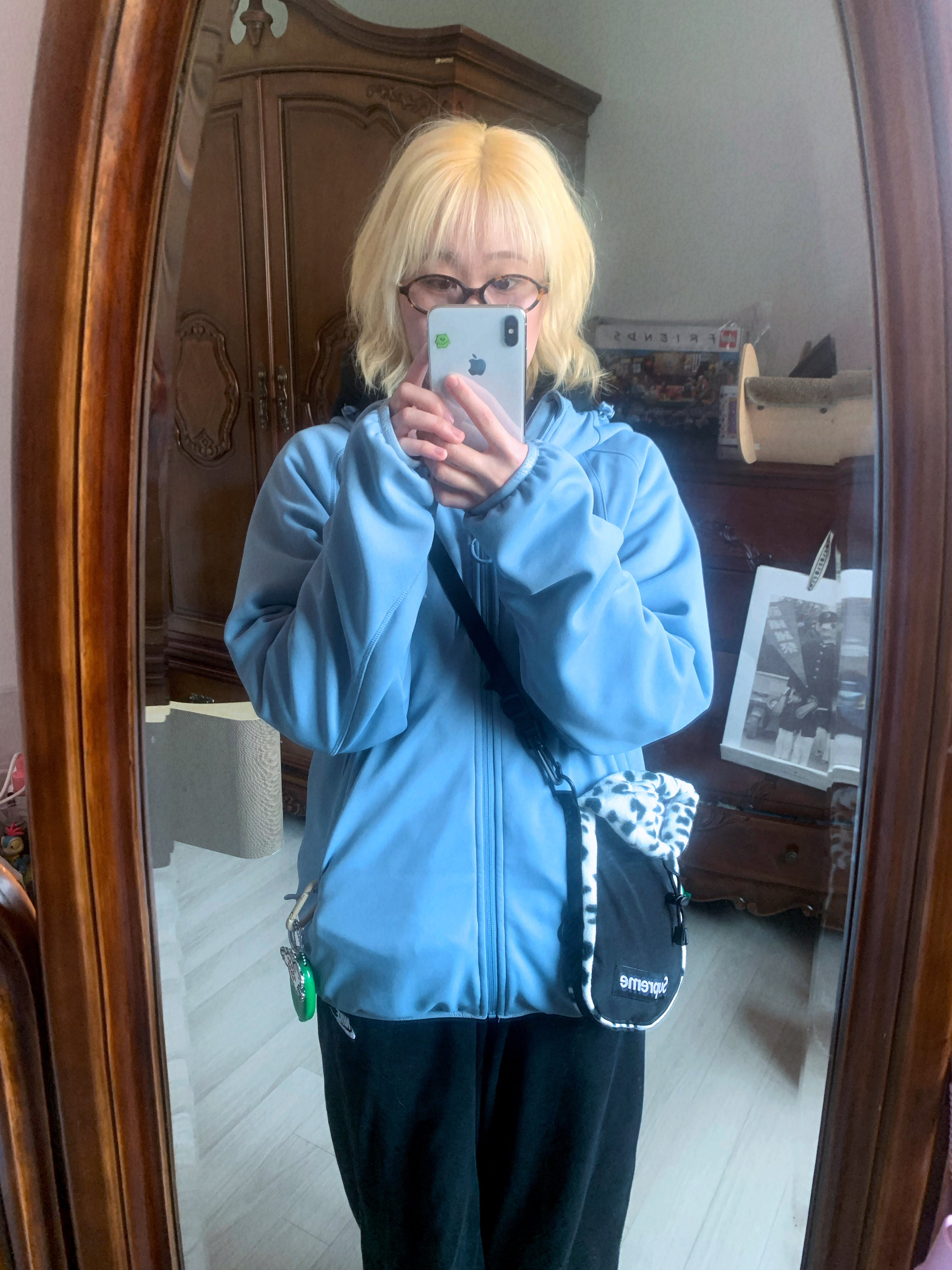 Supreme Polartec Sling Bag Leopard - 24FW, Palace P-Tec Fleece Jacket Blue - 24SS 착용 스타일 - 1