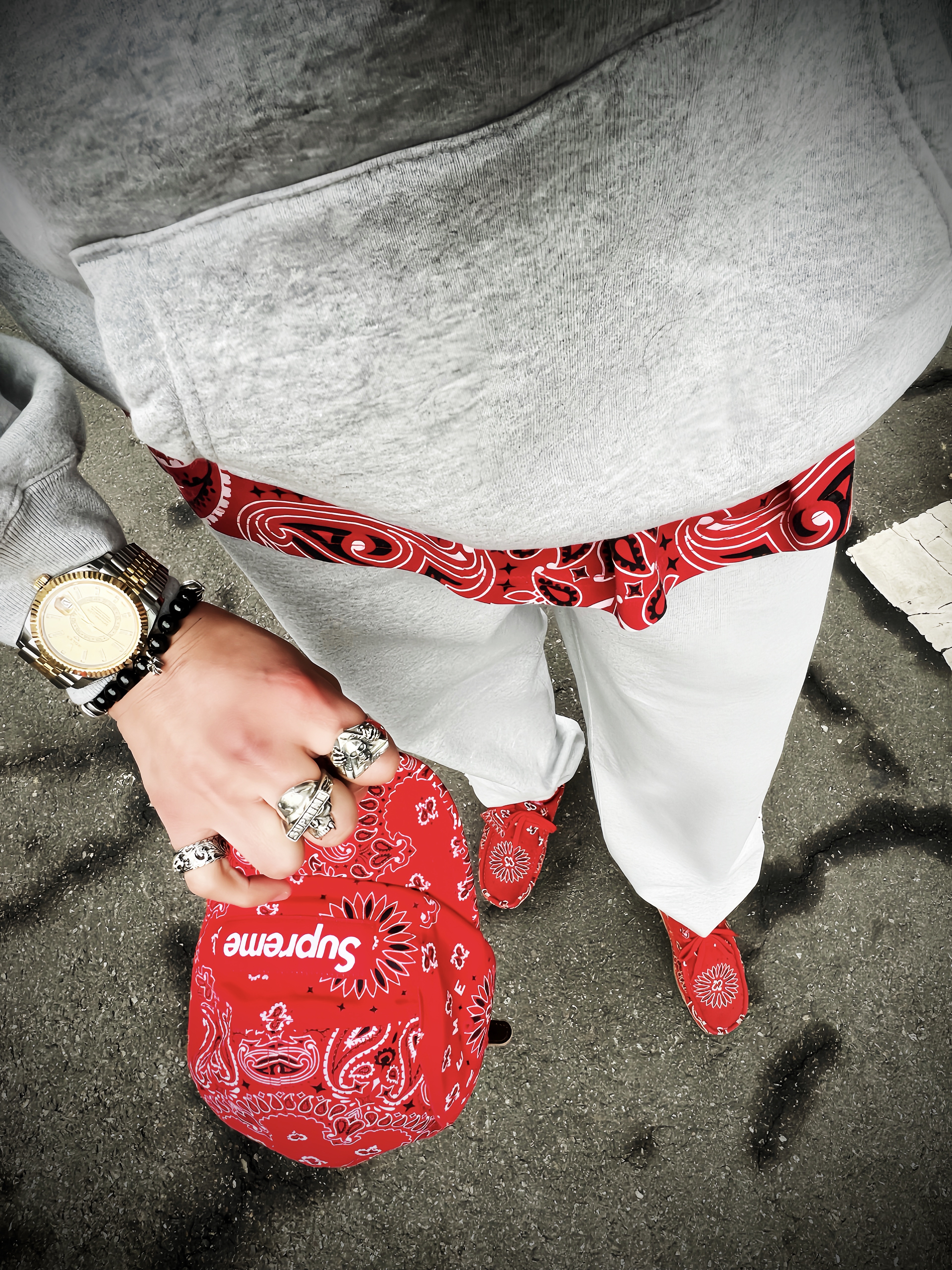 Supreme Bandana Camp Cap Red - 21SS, Supreme Small Box T-Shirt Red Bandana - 21SS 착용 스타일 - 3