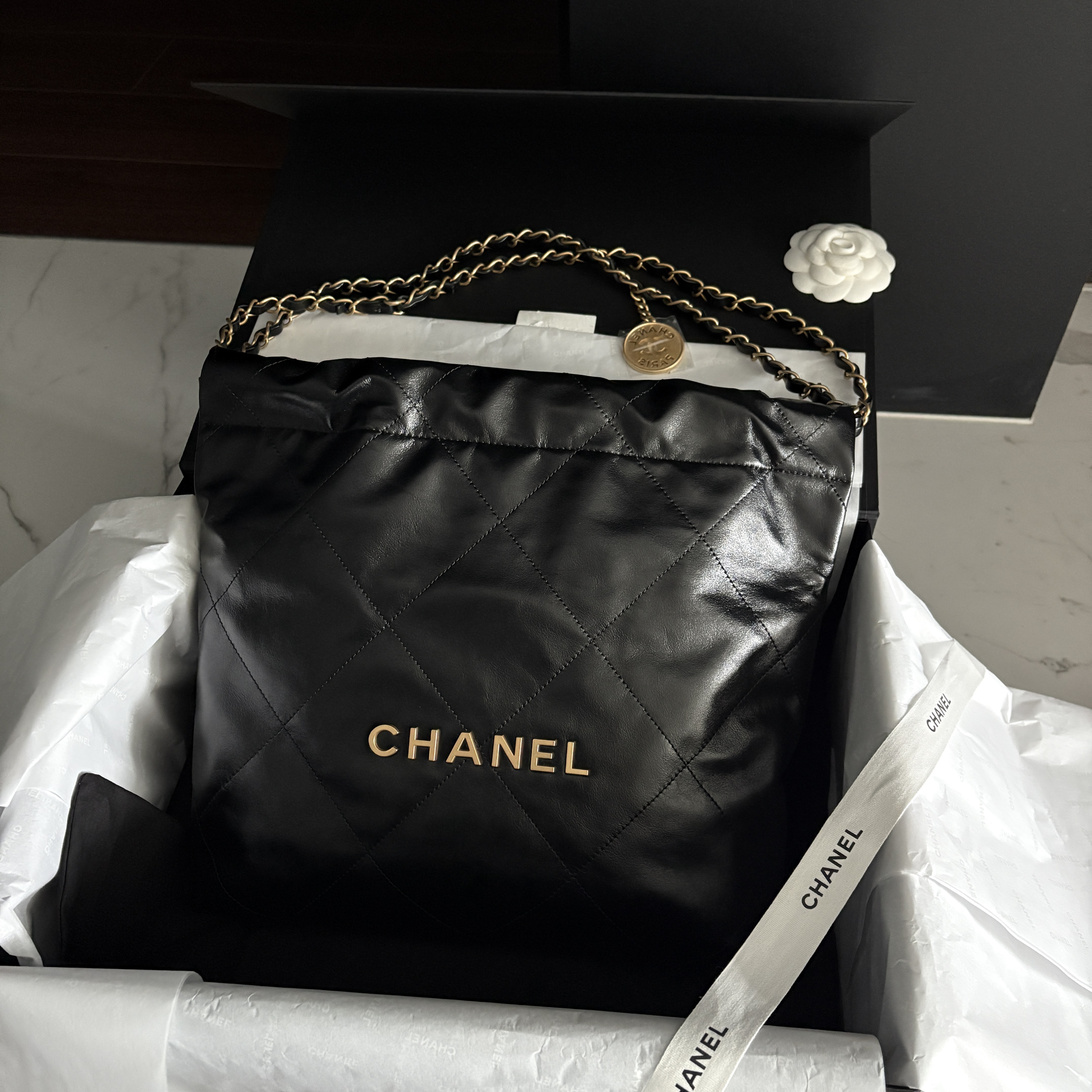 Chanel 22 Small Handbag Shiny Calfskin & Gold Black 착용 스타일