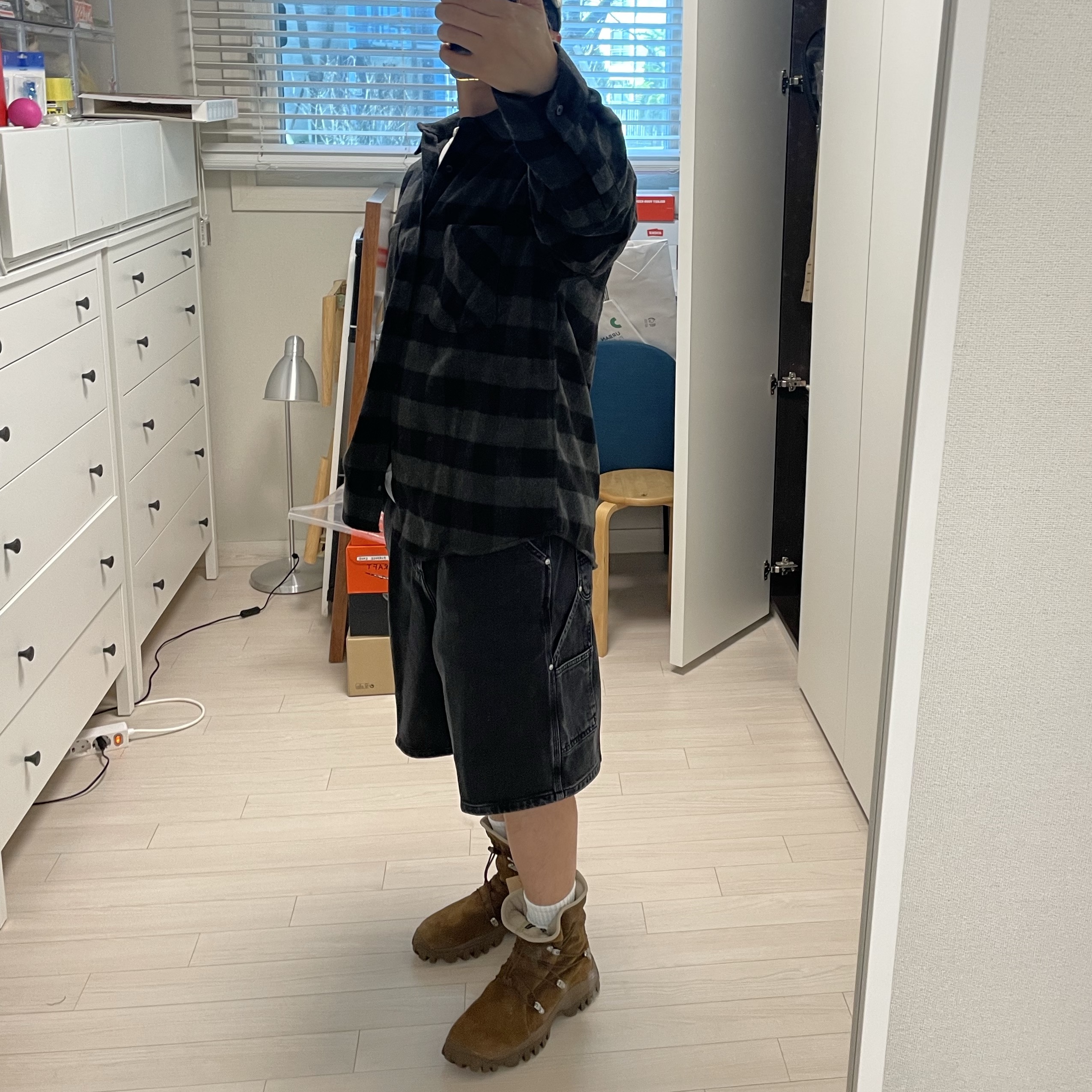 Asics x Nonnative Gel-Yeti Tokyo Hi Gore-Tex Brown Storm, IAB Studio Gingham Check Shirt Black White 착용 스타일 - 1
