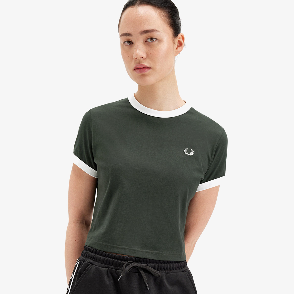 프레드페리 우먼즈 크롭 링어 티셔츠 코트 그린(Fred Perry Womens Cropped Ringer T-Shirt Court Green) - 5