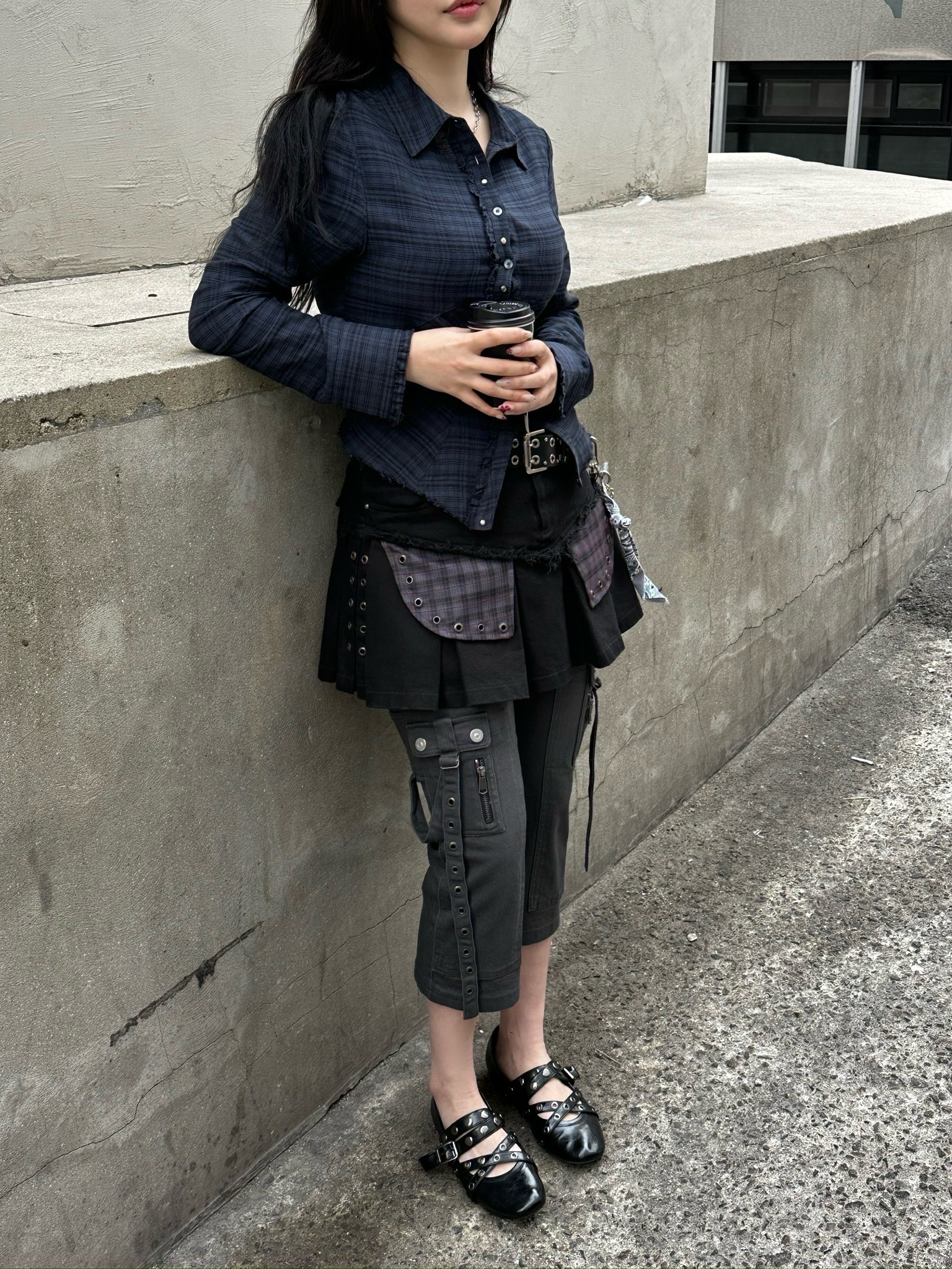 Vacant Archive Hadi Fitted Check Shirt Navy, Vacant Archive Hadi Fitted Check Shirt Purple 착용 스타일 - 2