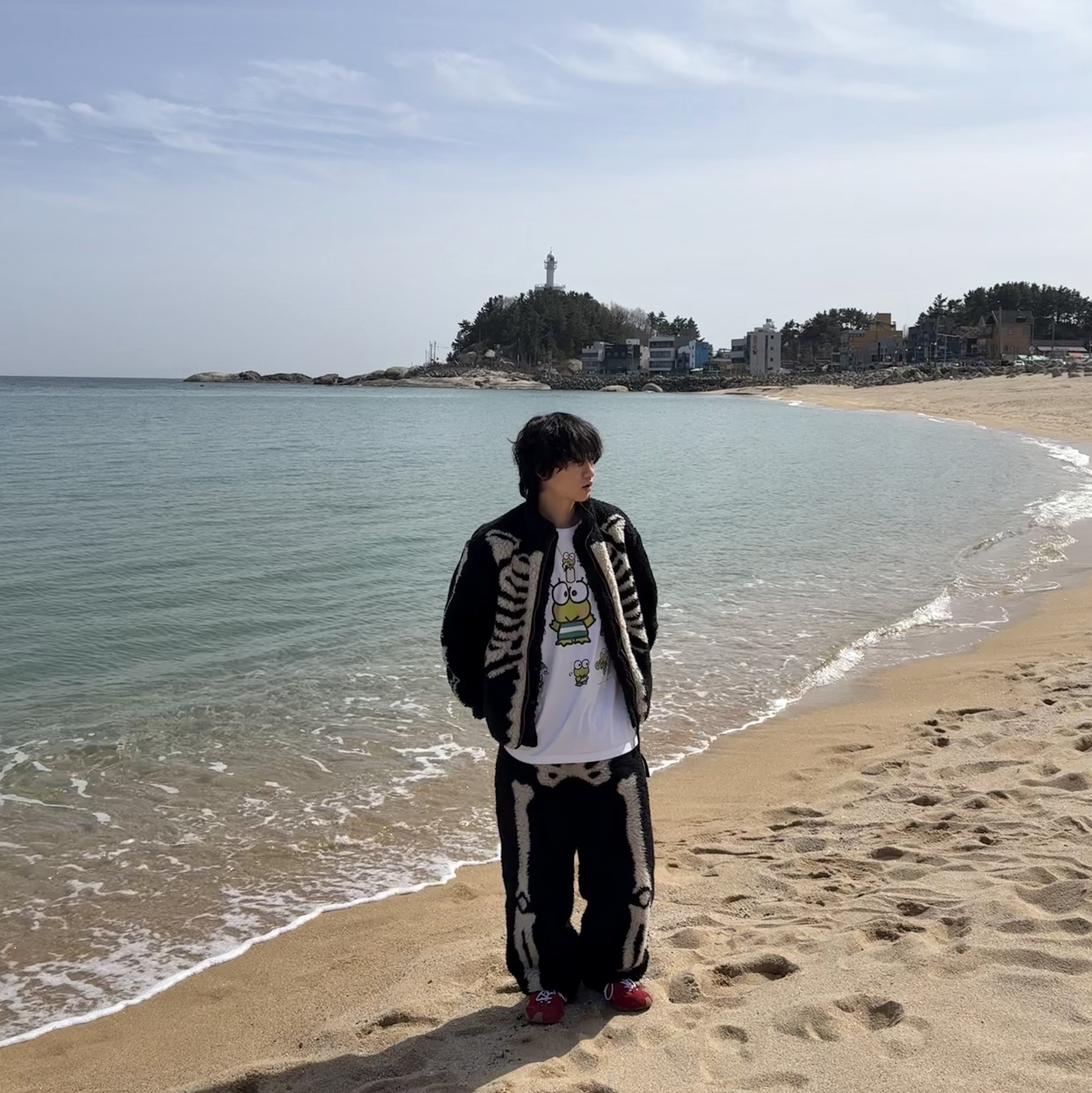 Kapital Bone Pattern Boa Fleece Reversible Blouson Black, Kapital Bone Boa Fleece Easy Pants Black 착용 스타일