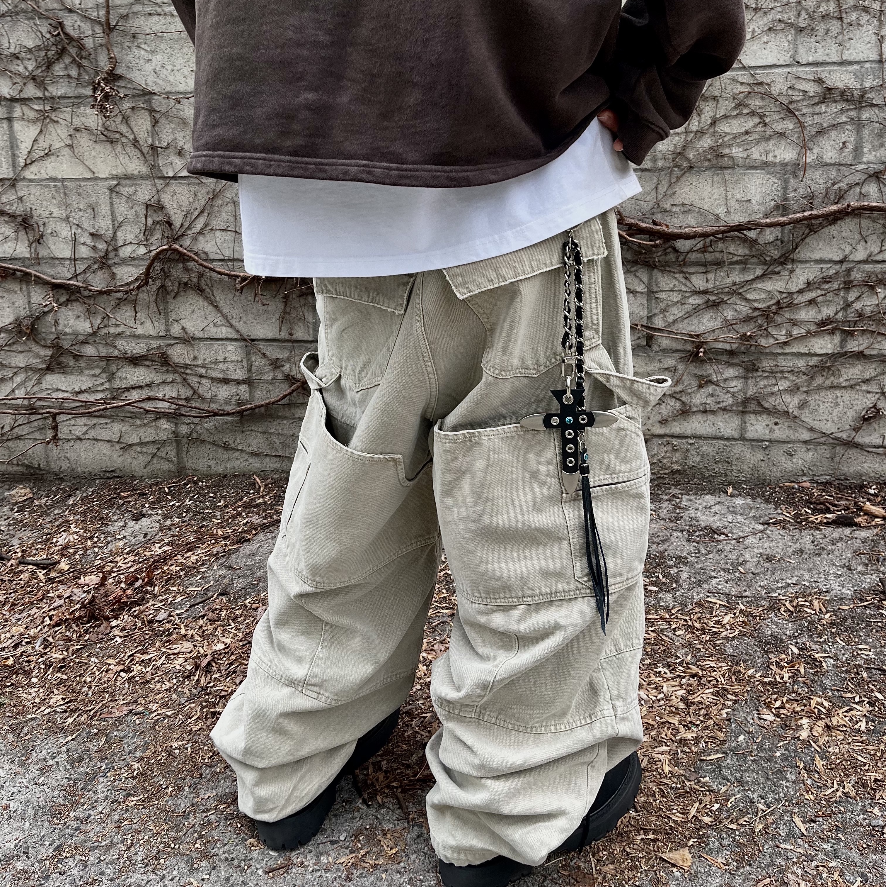 Nonnod Double Knee Cover Pants Vintage Beige 착용 스타일 - 5