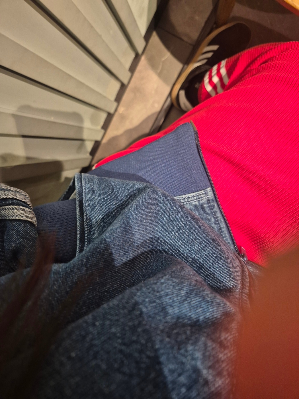 Adidas Adicolor Denim Firebird Track Top Medium Blue Denim - KR Sizing, (W) Adidas Knit Skirt Black - KR Sizing 착용 스타일 - 1