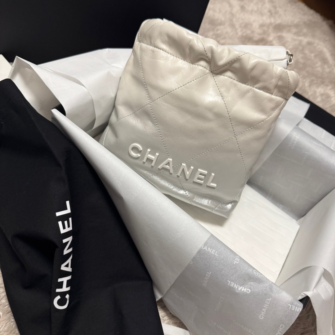 Chanel 22 Mini Handbag Metallic Shaded Calfskin & Silver White Silver, (W) Nike Zoom Vomero 5 Photon Dust and Metallic Silver 착용 스타일 - 1