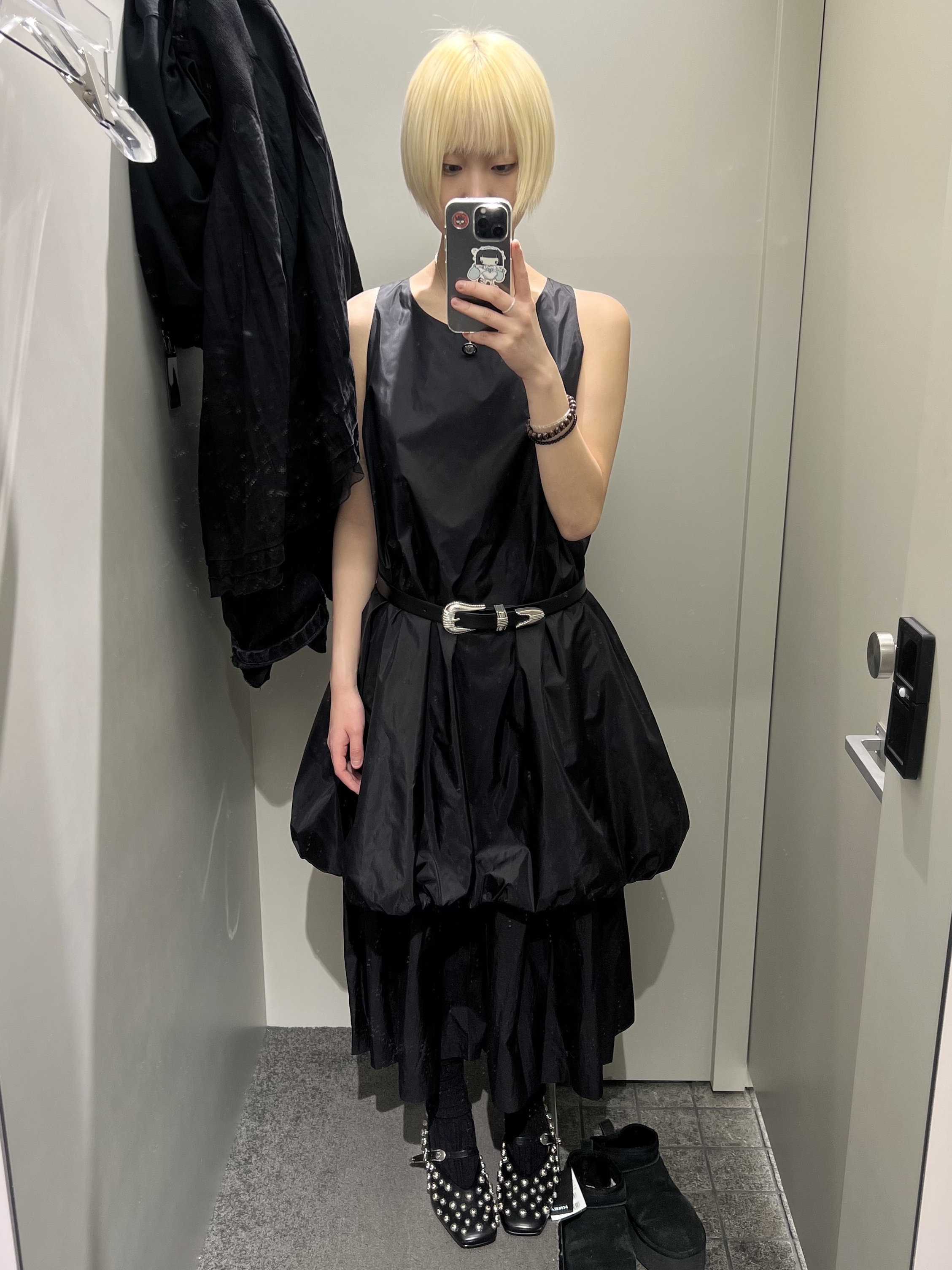Amomento Women Nylon Volume Mini Dress Black - 25SS, Amomento Women Shirring Culotte Pants Black - 25SS 착용 스타일