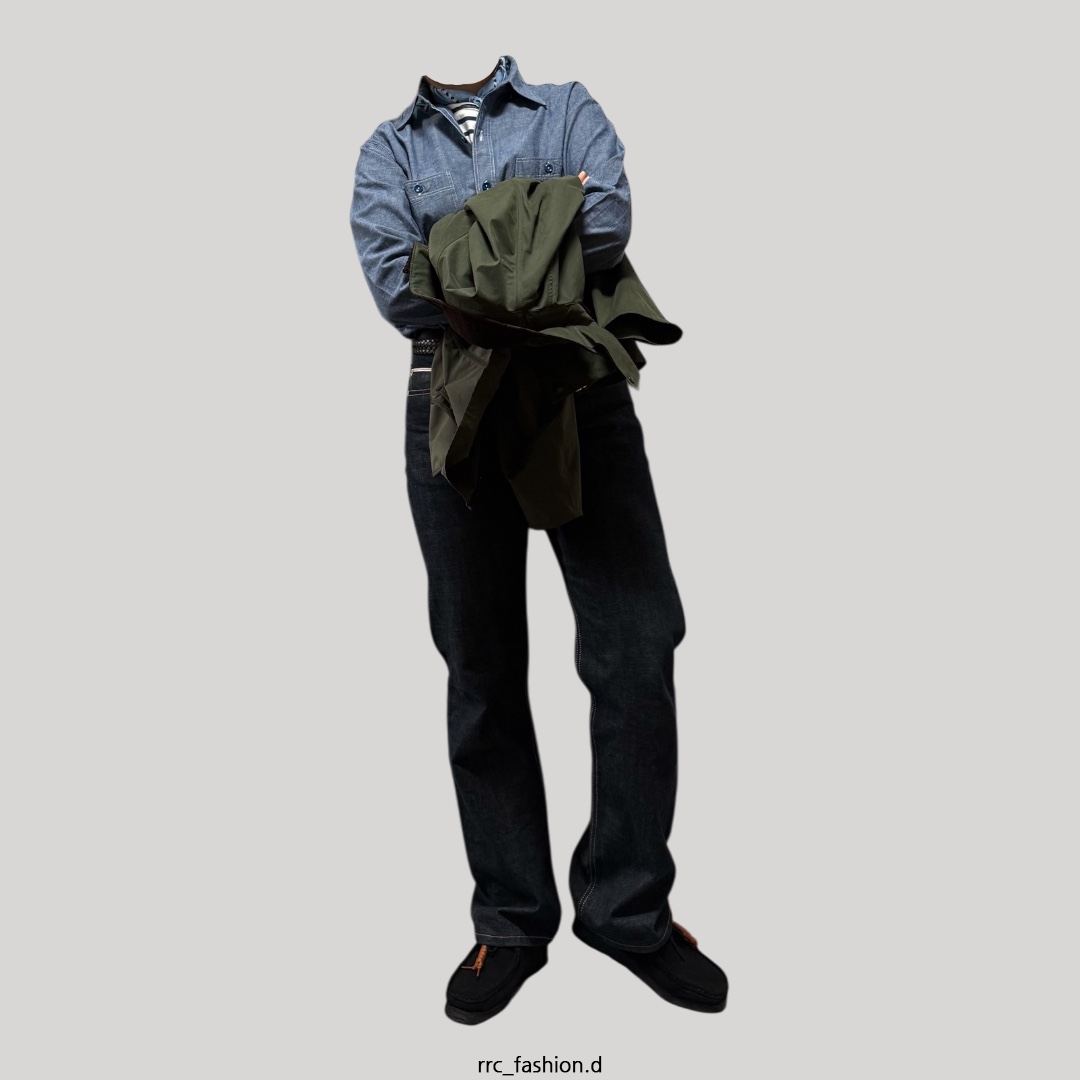 Clarks Wallabee Black Suede, Buzz Rickson's Chambray Work Shirts Long Sleeve Blue 착용 스타일 - 1