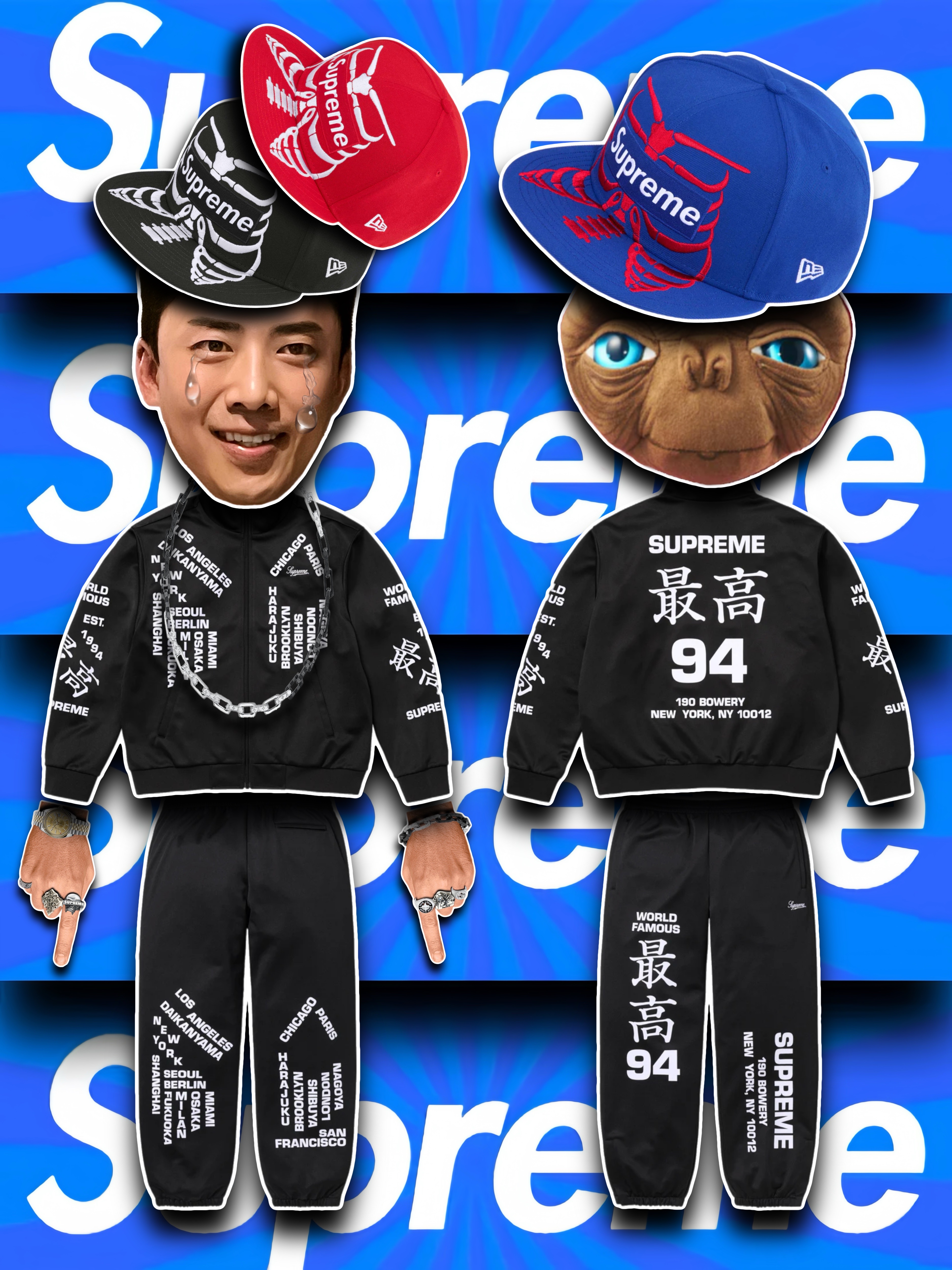 Supreme Bones Box Logo New Era Royal - 25SS, Supreme Bones Box Logo New Era Red - 25SS 착용 스타일