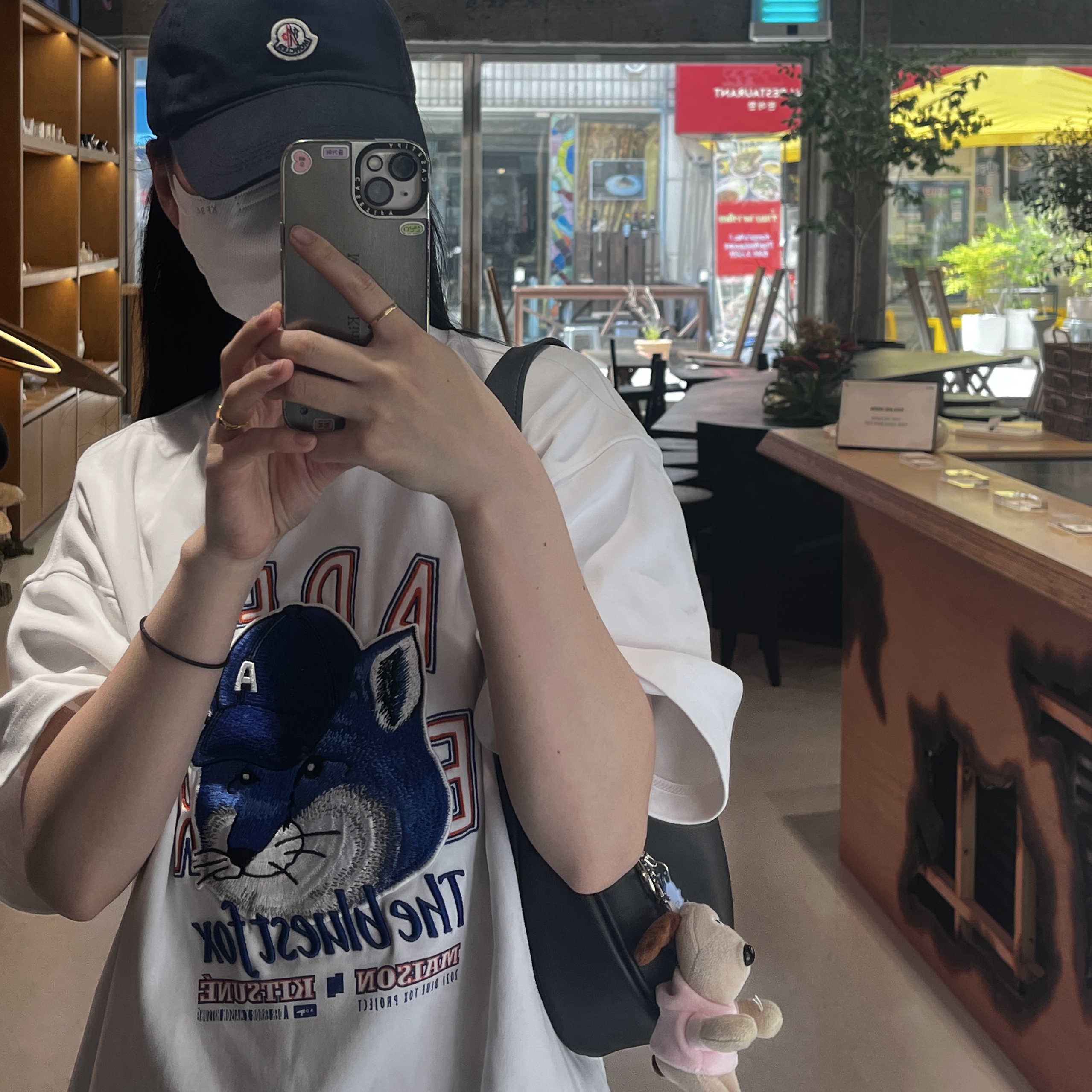 Maison Kitsune x Ader Error The Bluest Fox T-Shirt White, Casetify x Matin Kim iPhone Signature Magsafe Mirror Case Silver 착용 스타일