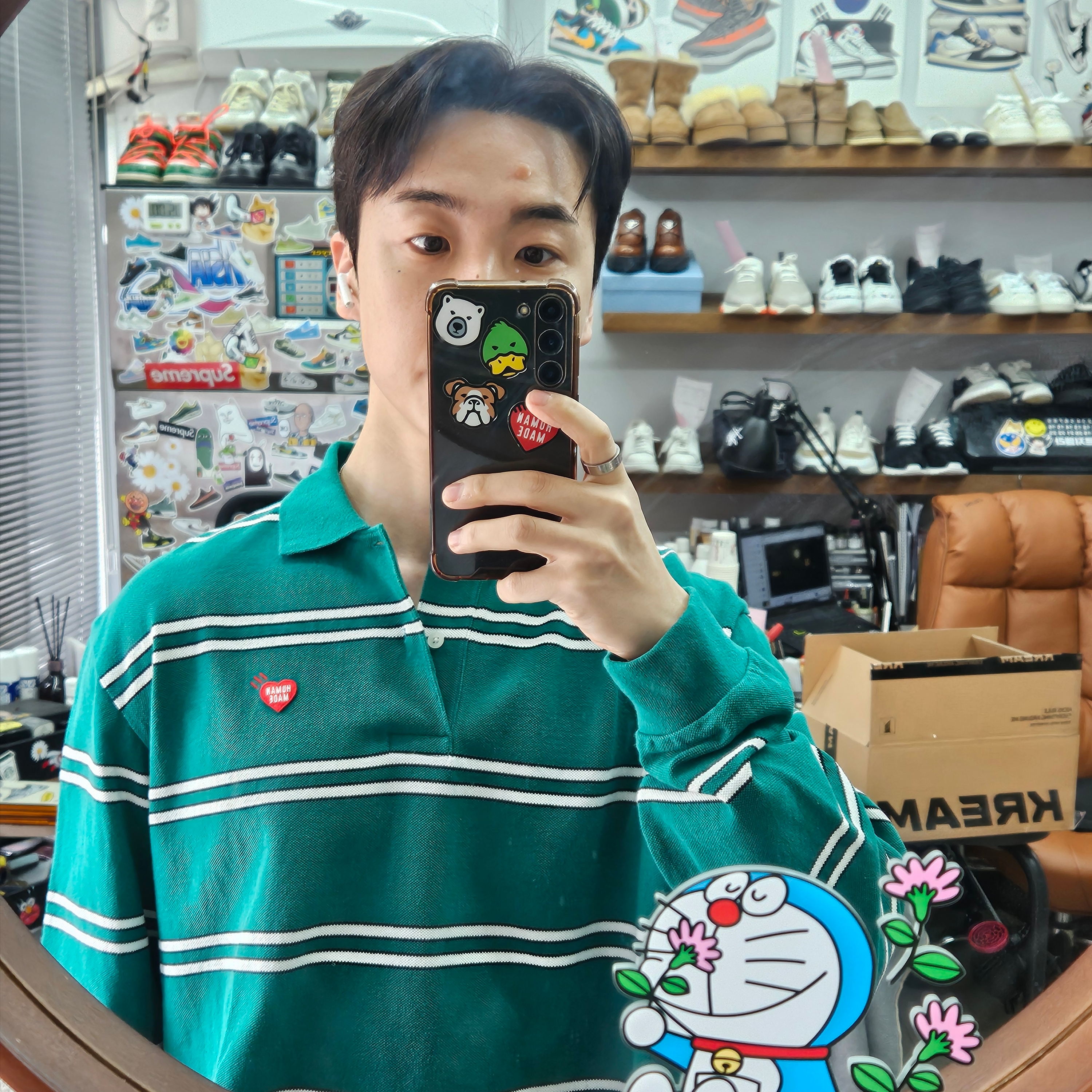 Human Made L/S Polo Shirt Green 착용 스타일
