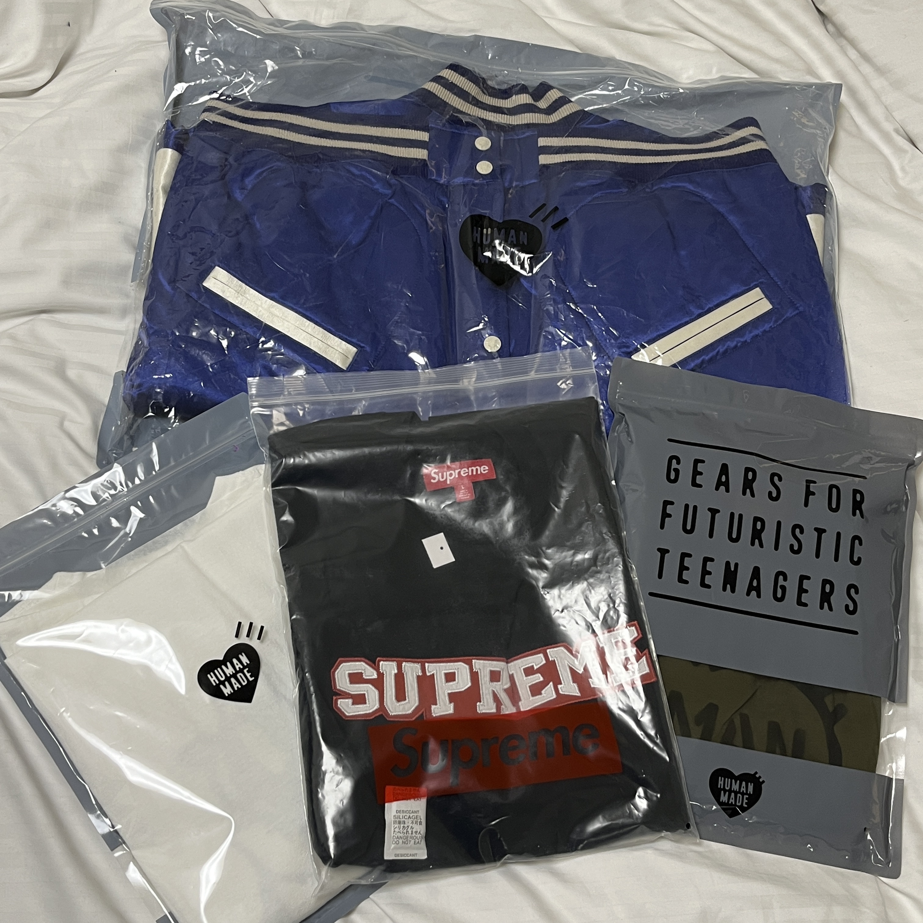 Human Made Satin Stadium Jacket Blue, Supreme Satin Applique S/S Top Black - 25SS 착용 스타일