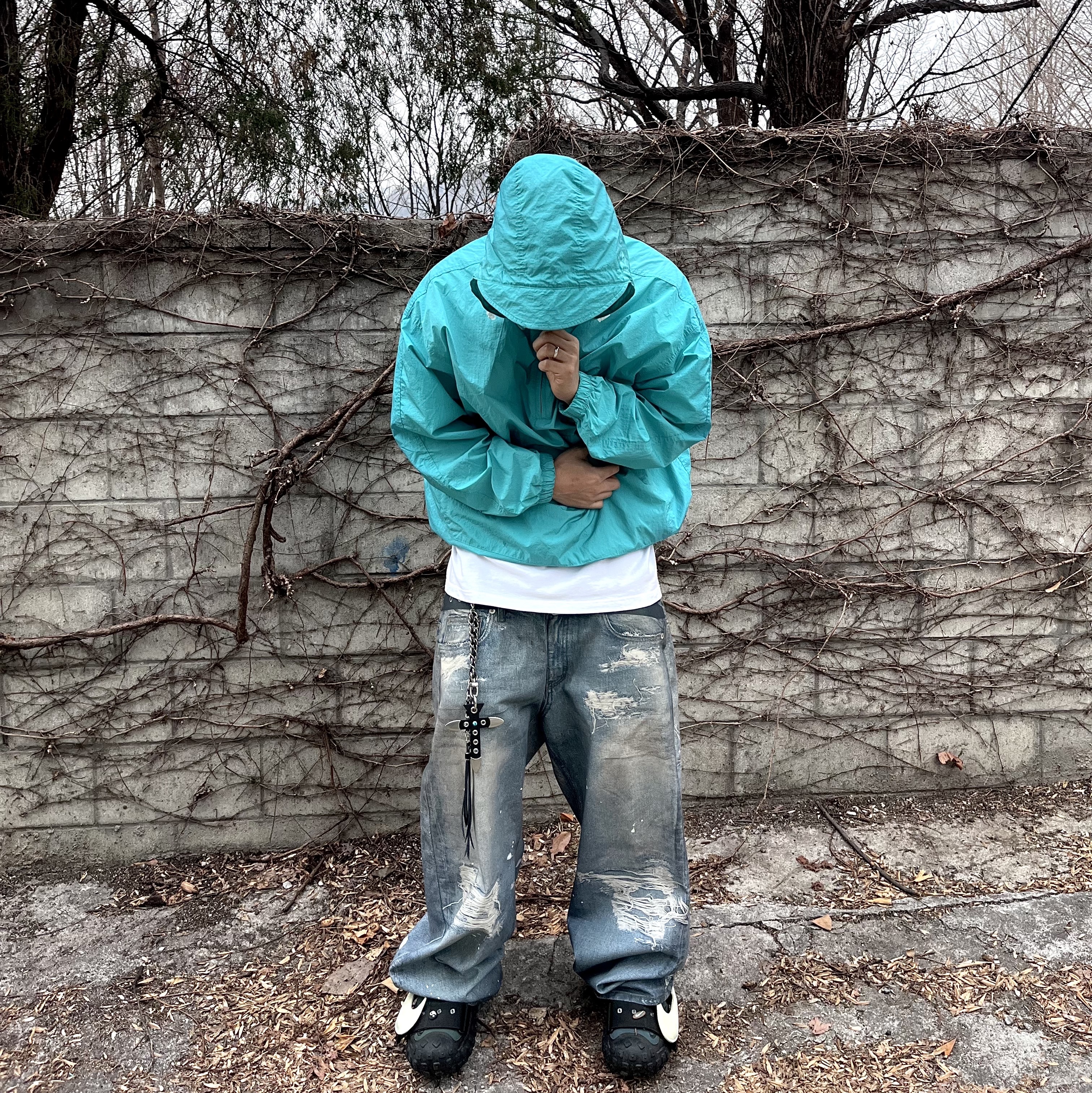 Nike x Cactus Plant Flea Market Air Flea 2 Faded Spruce, Project G/R Trompe-L’Oeil Denim Printed Pants Blue 착용 스타일 - 1