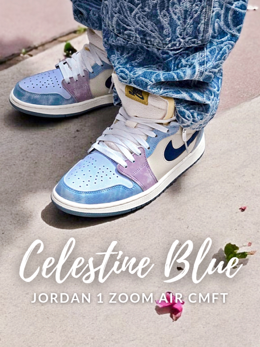 Jordan 1 Zoom Air CMFT Celestine Blue, Supreme Script Jacquard Double Knee Denim Painter Pants Washed Blue - 22FW 착용 스타일