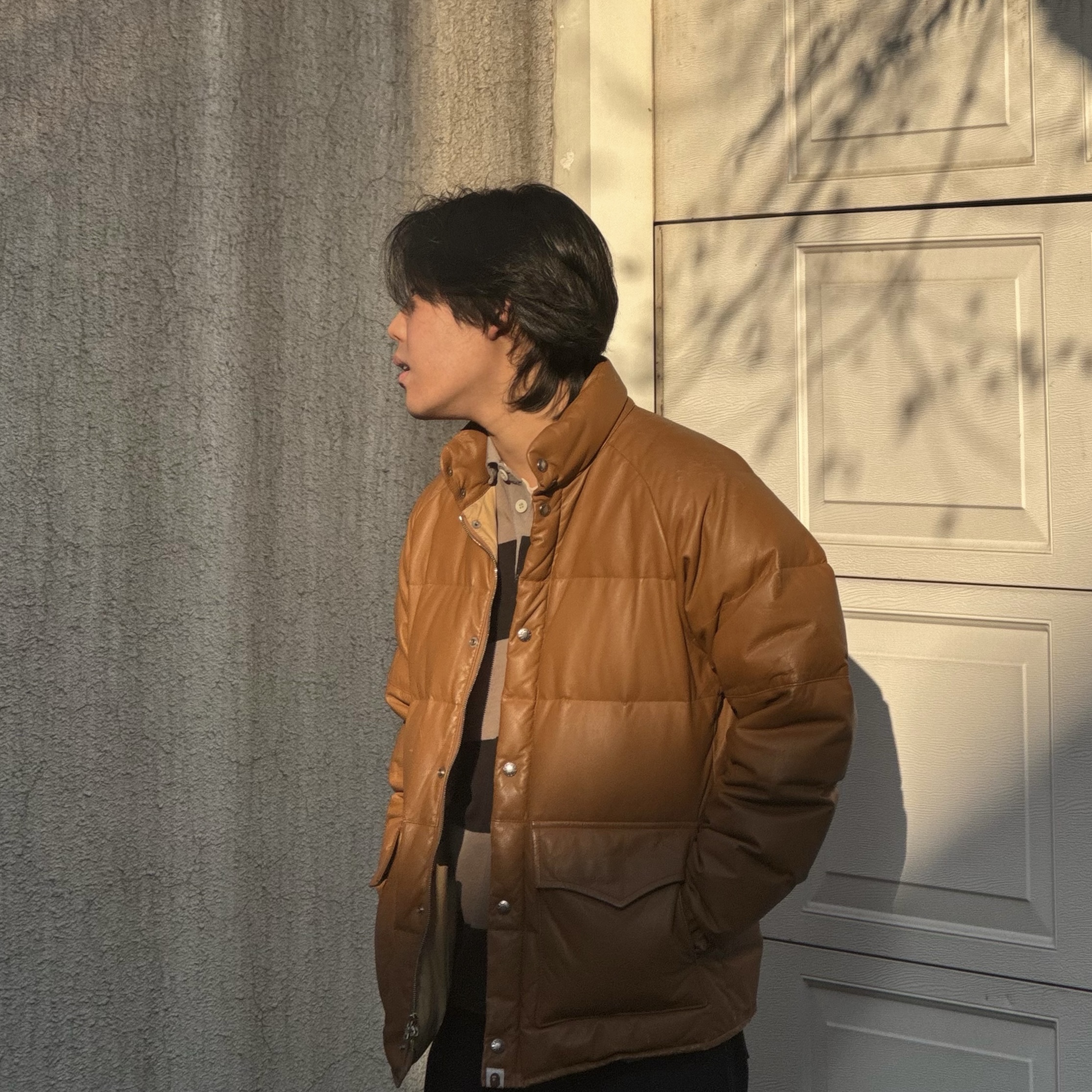 BAPE Leather Classic Down Jacket Brown 착용 스타일 - 2
