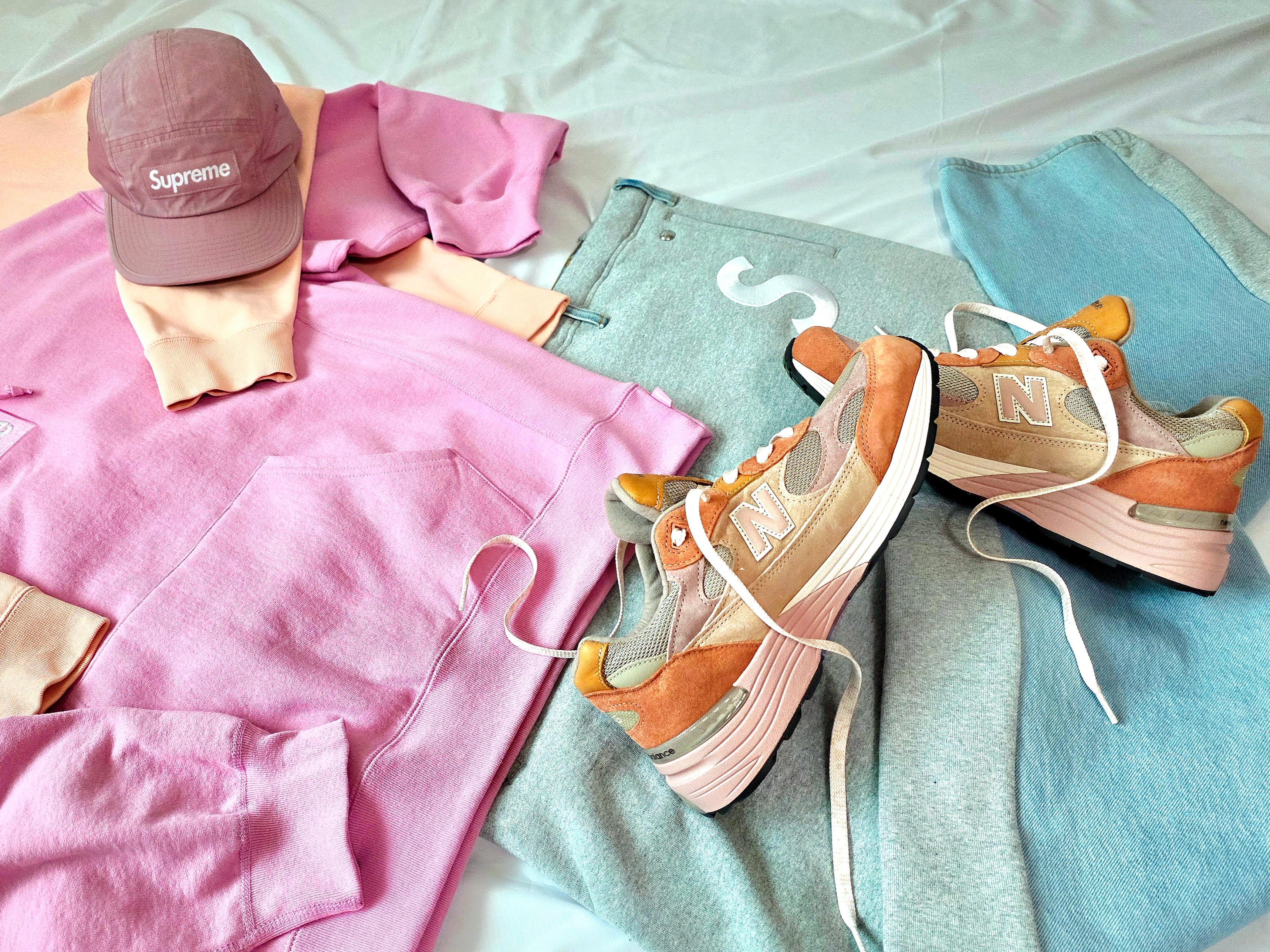 New Balance x Joe Freshgoods 992 Made in USA Aged Well, Supreme Waxed Ripstop Camp Cap Light Pink - 24FW 착용 스타일 - 5