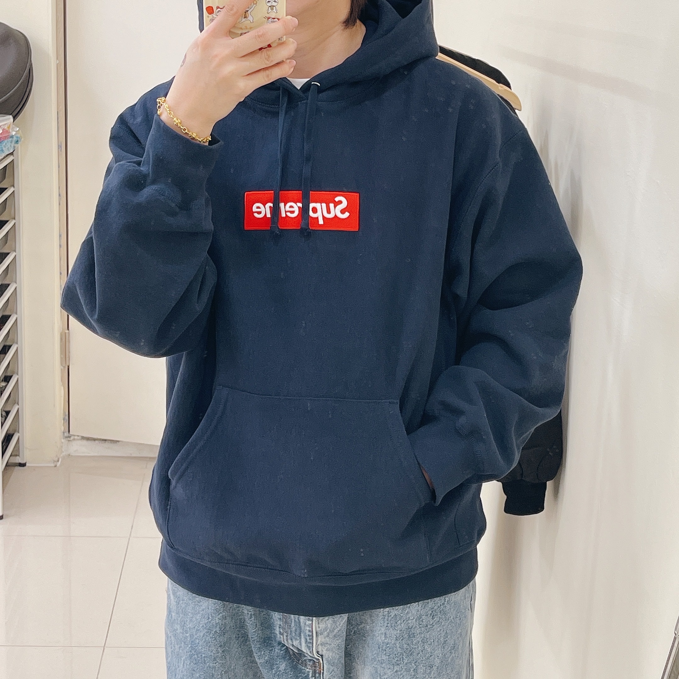 Supreme Box Logo Hooded Sweatshirt Navy - 24FW, Palace EL Script P90 Baggy Jean Stone Wash - 24FW 착용 스타일 - 2