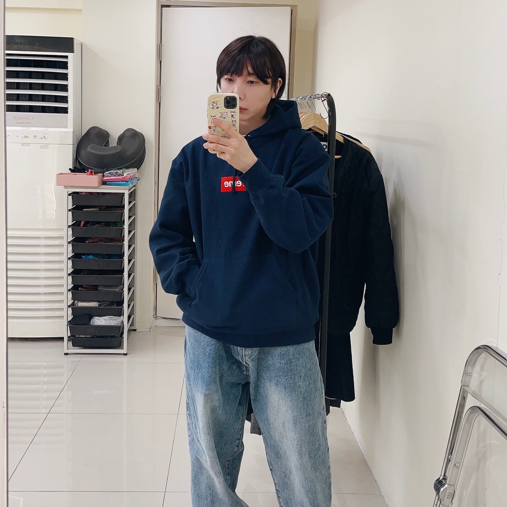 Supreme Box Logo Hooded Sweatshirt Navy - 24FW, Palace EL Script P90 Baggy Jean Stone Wash - 24FW 착용 스타일 - 1