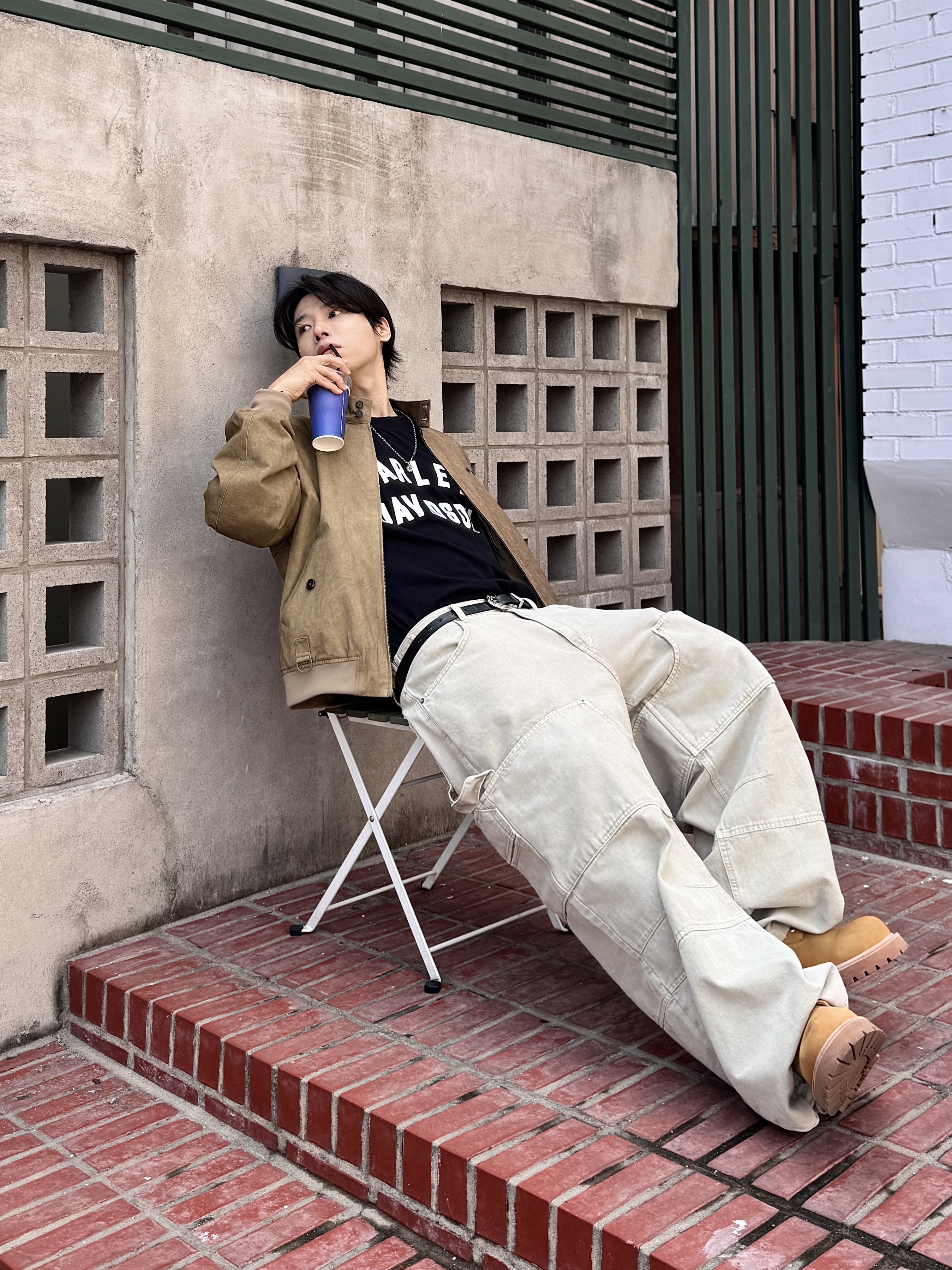 Nonnod Double Knee Cover Pants Vintage Beige, Kinchi x My Name Is Peter Boots - 888 (a) Yellow 착용 스타일 - 2