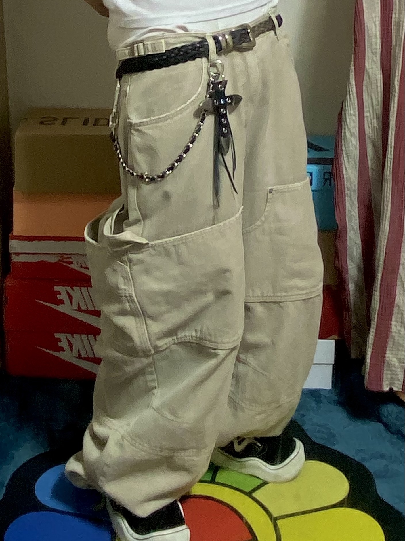 Kinchi x Yiyae Bone Mule Camel, Project G/R Trompe-L’Oeil Denim Printed Pants Blue 착용 스타일 - 2