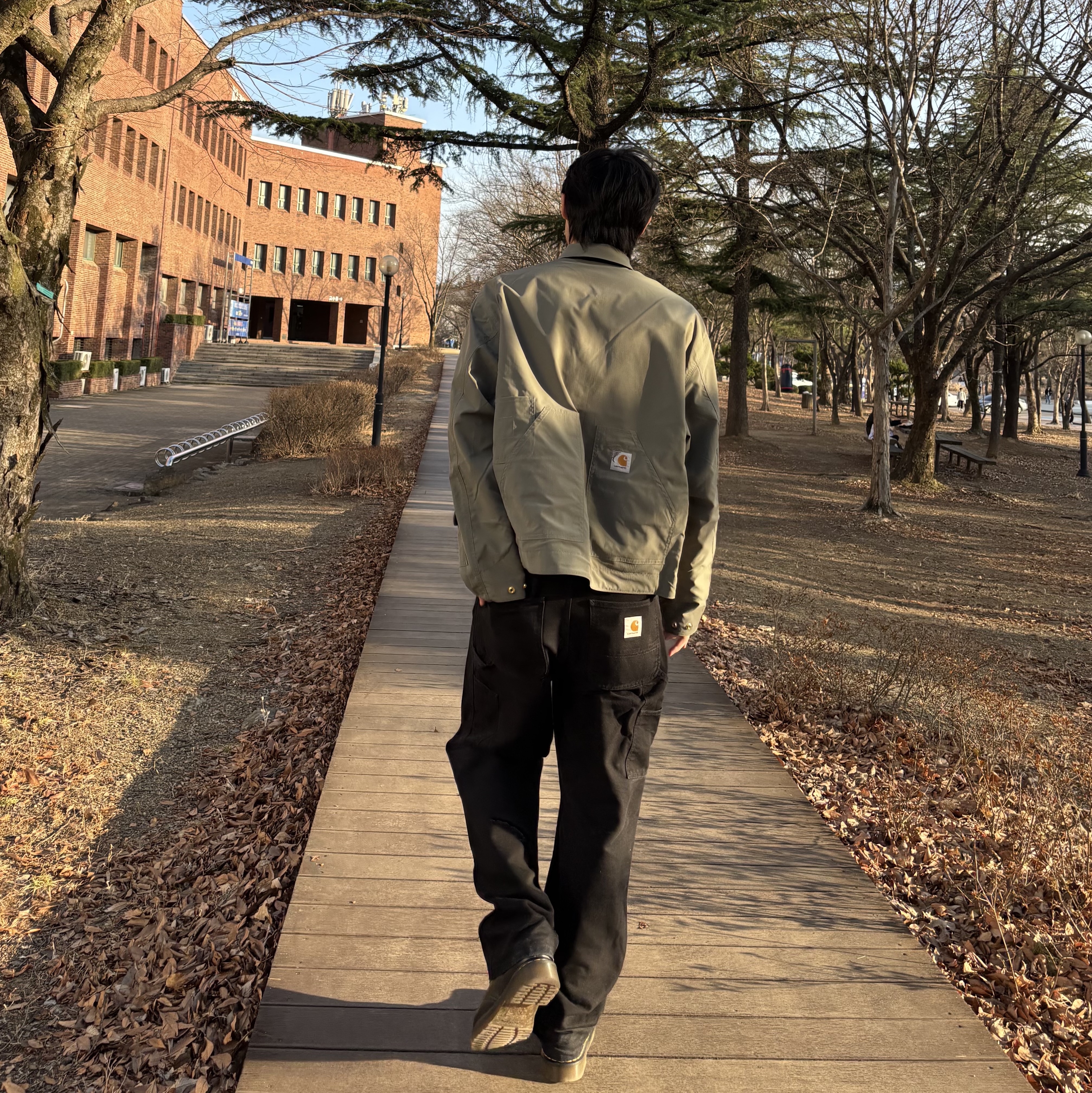 Carhartt WIP x Invincible Reversible Detroit Jacket Max Black Sage Green, Dr. Martens 1461 Smooth Black 착용 스타일 - 2