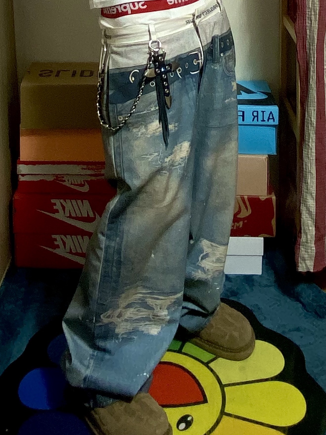Kinchi x Yiyae Bone Mule Camel, Project G/R Trompe-L’Oeil Denim Printed Pants Blue 착용 스타일 - 1