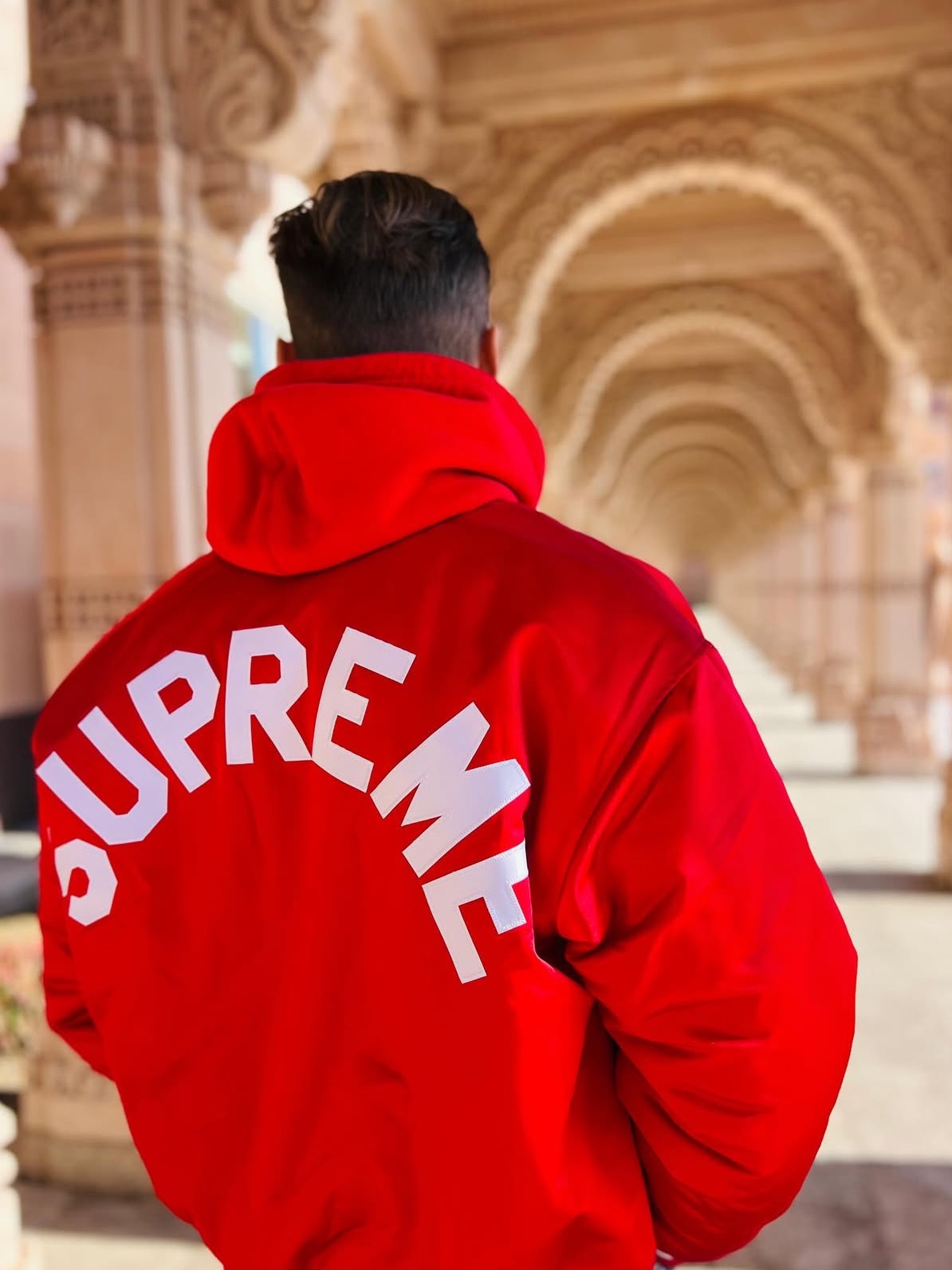 Supreme Mitchell & Ness Satin Varsity Jacket Red - 24FW 착용 스타일