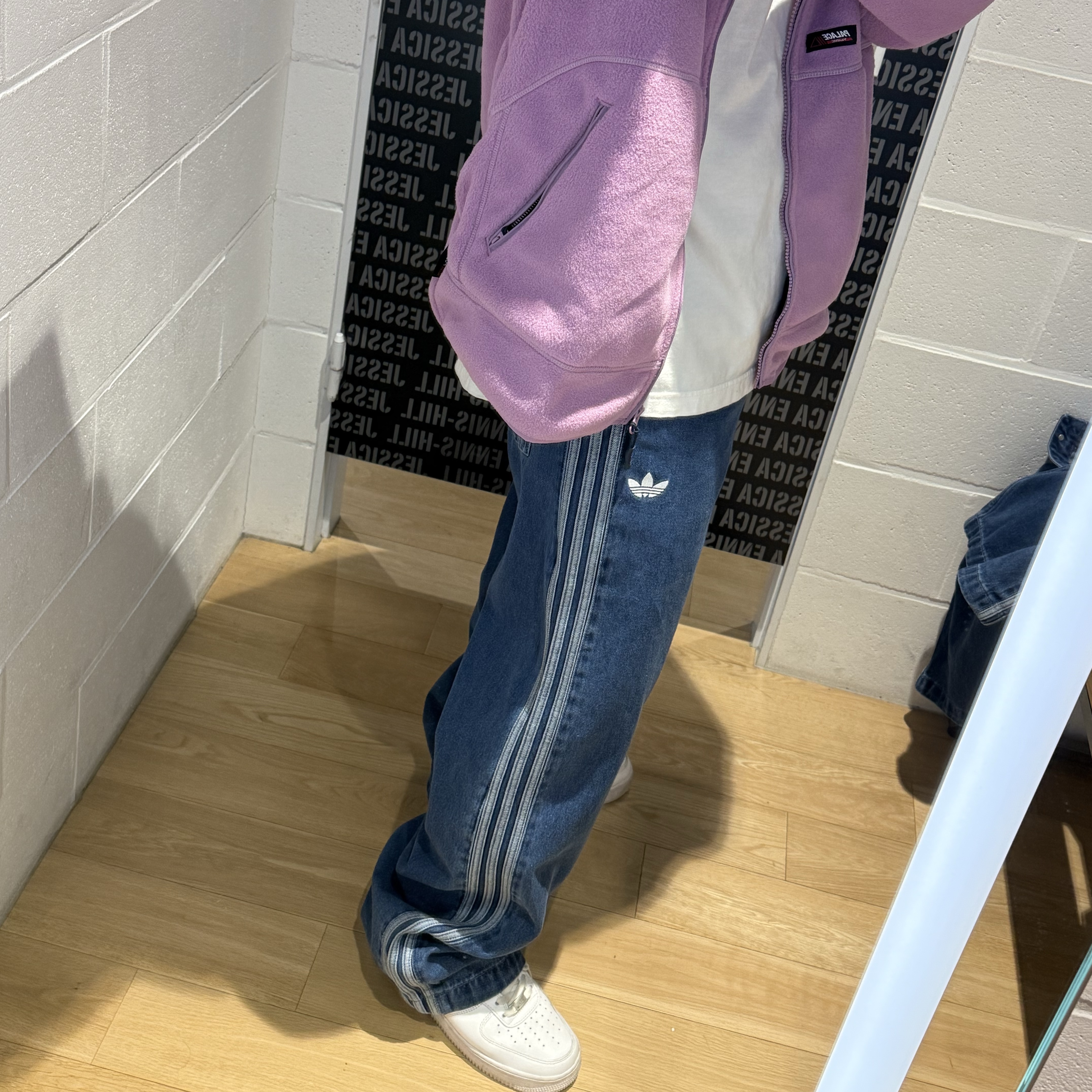 Adidas Adicolor Denim Firebird Pants Medium Blue Denim - KR Sizing, Palace Polartec Full Zip Funnel Lilac - 25SS 착용 스타일