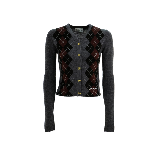 (W) Ganni Fine Merino Jacquard Cardigan Frost Gray