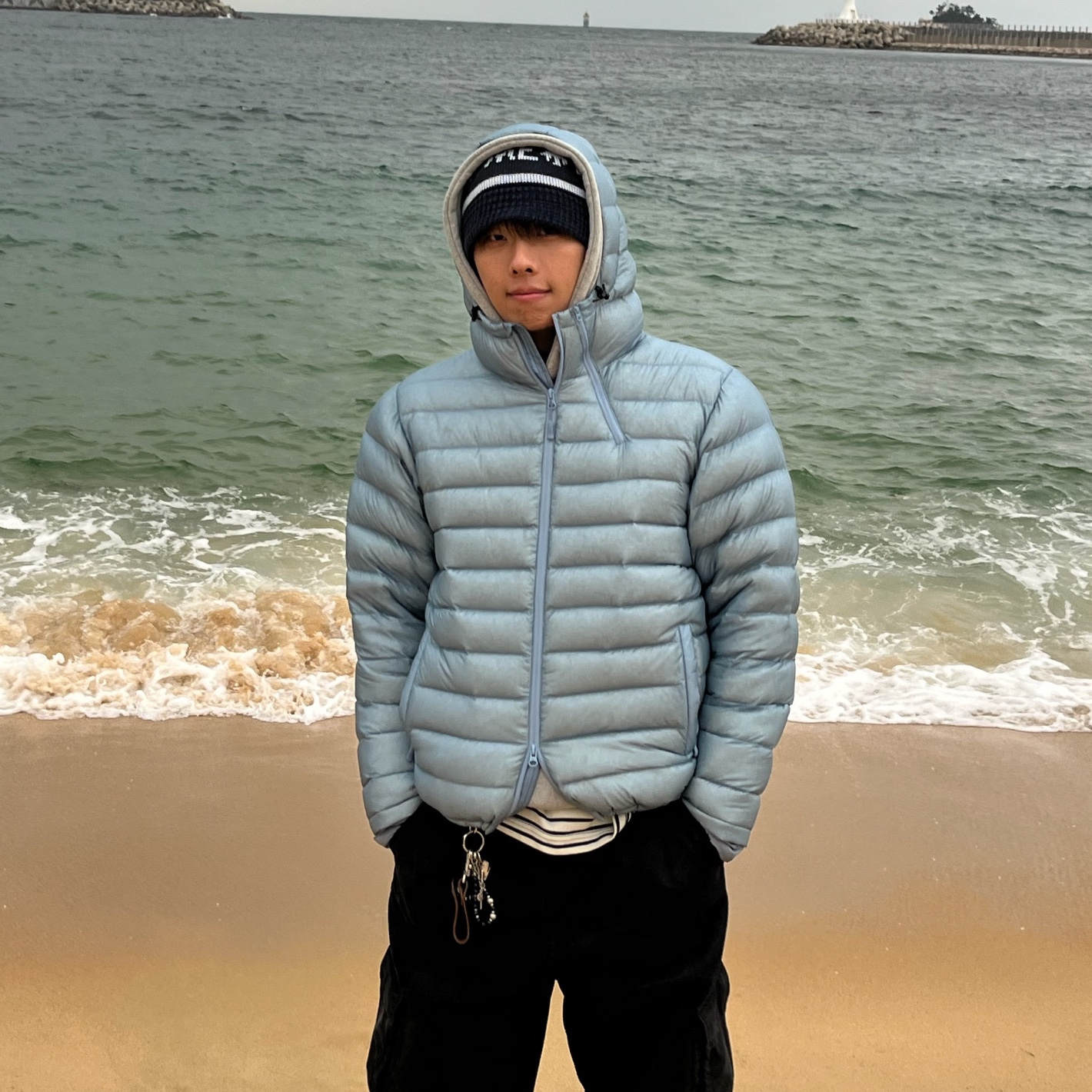 Sansan Gear Suffix Puffer Jacket Sky Blue - 24FW 착용 스타일