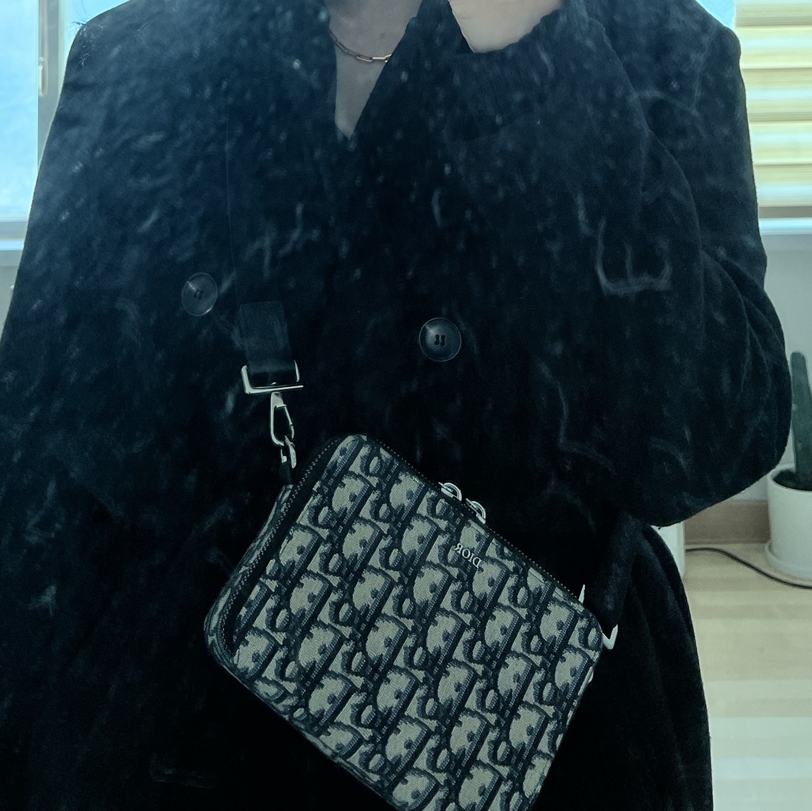 Dior Shoulder Strap Pouch Beige & Black Dior Oblique Jacquard 착용 스타일