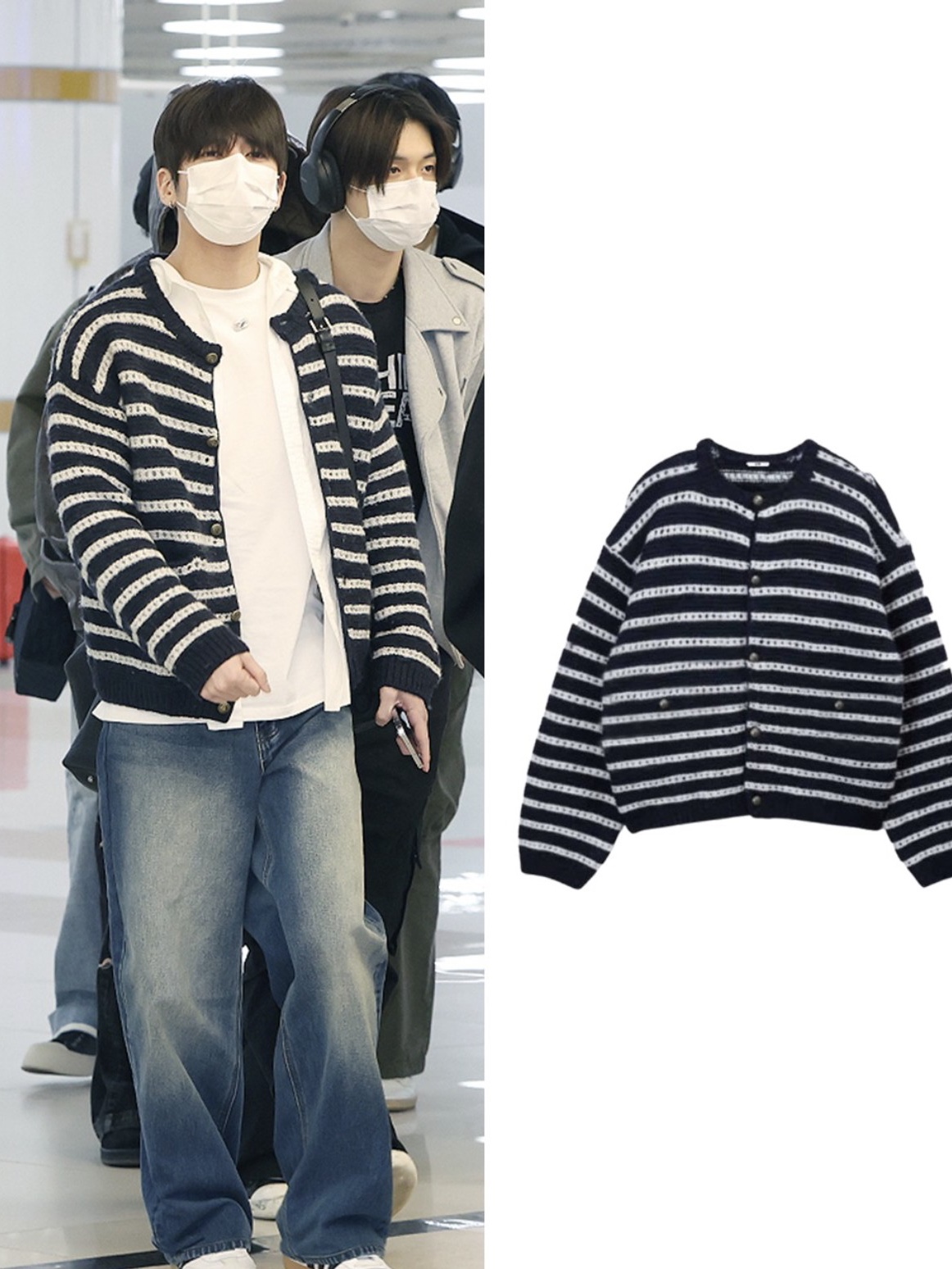 [KREAM 단독 리오더] STU Round Neck Stripe Cardigan Navy 착용 스타일