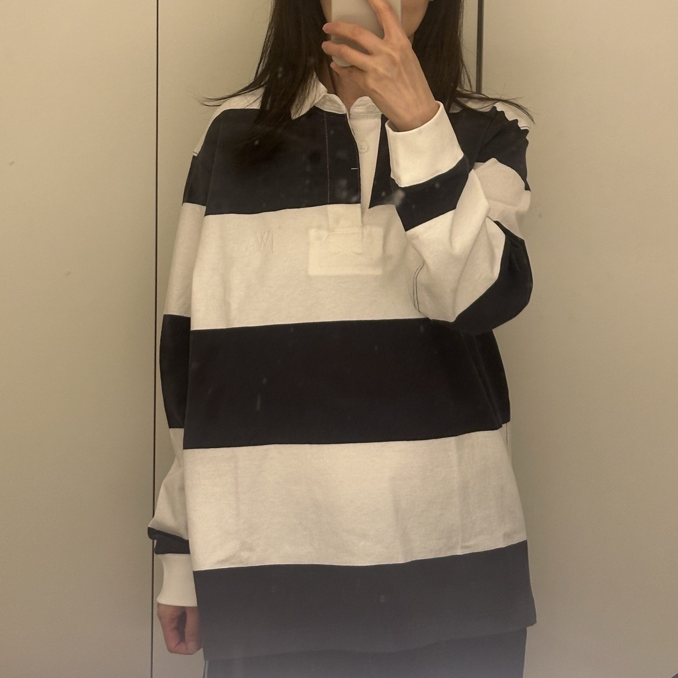 Uniqlo x JW Anderson Oversized Rugger Stripe Polo Shirt Navy - KR 착용 스타일