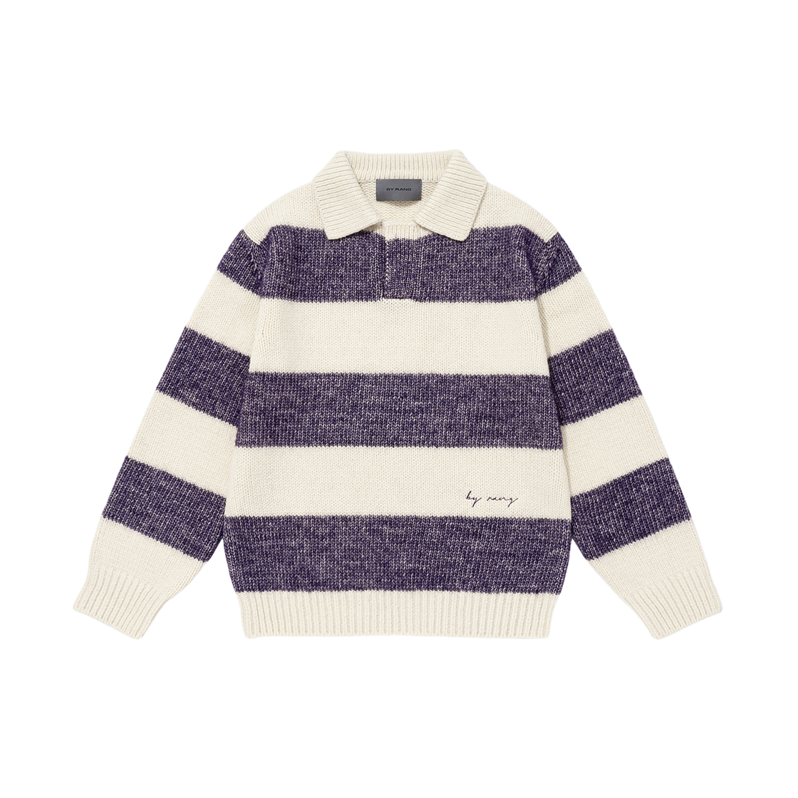 바이랑 스트라이프 코튼 알파카 폴로 스웨터 퍼플(BY RANG Striped Cotton Alpaca Polo Sweater Purple)