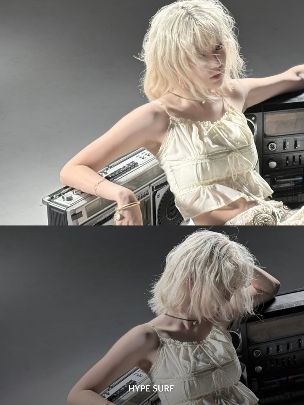Greenbutter Shirring Lace Slip dress Cream, Maison Margiela Heavy Wool Beret Black 착용 스타일 - 10