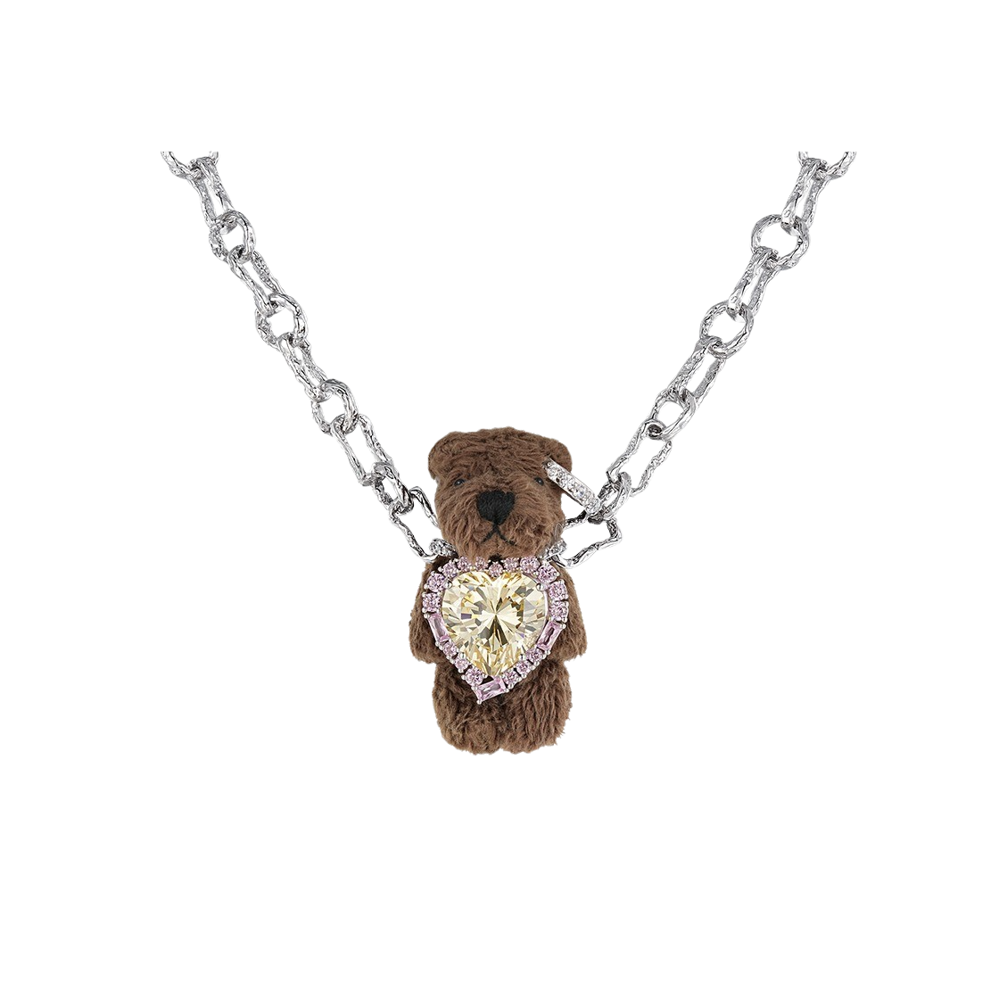 KW4DJENYV01PK Yvmin Tilted Heart Zircon Furry Bear Chain Necklace Brown Pink - 24FW
