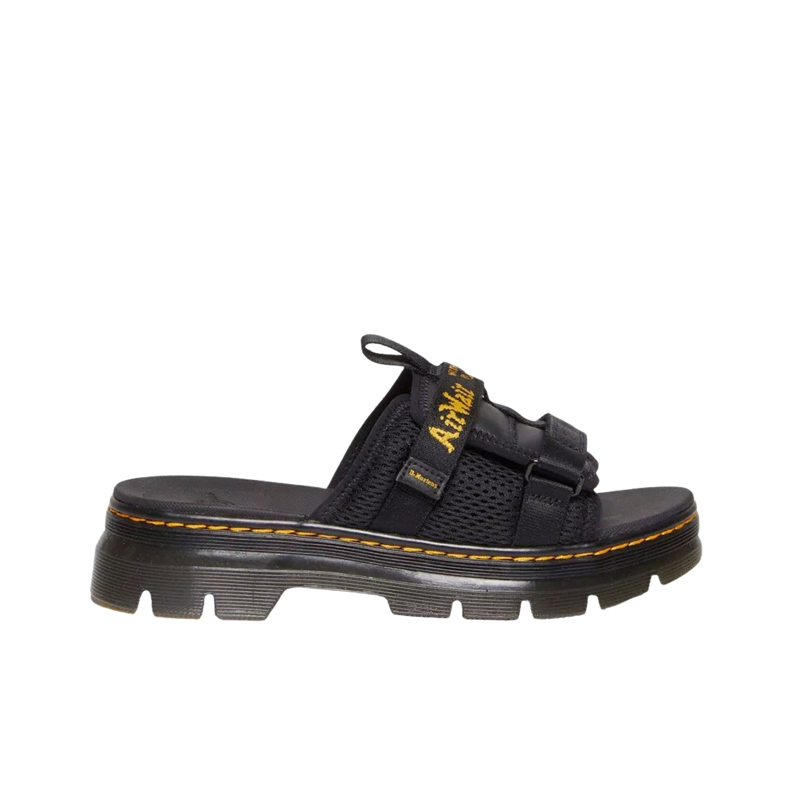 닥터마틴 에이스 로고 마일드 레더 스트랩 플랫폼 슬라이드 블랙(Dr. Martens Ayce Logo Milled Leather Strap Platform Slides Black)
