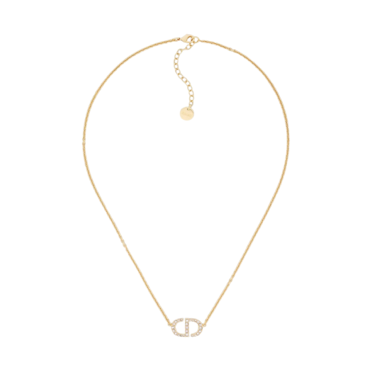 (W) Dior Petit CD Necklace Gold Finish Metal Silver Tone Crystals