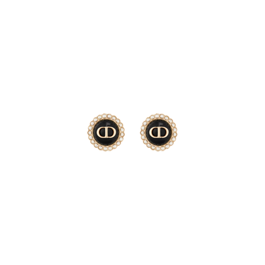(W) Dior Petit CD Stud Earrings Gold Finish Metal White Resin Pearls Black Glass