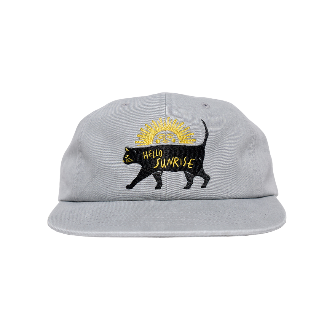 【Hello Sunrise】Washed Doodle Typo Relaxed Fit 6Panel Cap 헬로선라이즈 워시드 VTG 캣 로고 6패널 캡 라이트 그레이