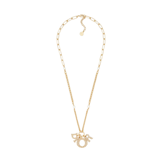 (W) Dior Lady Dior Necklace Gold Finish Metal White Resin Pearls Silver Tone Crystals