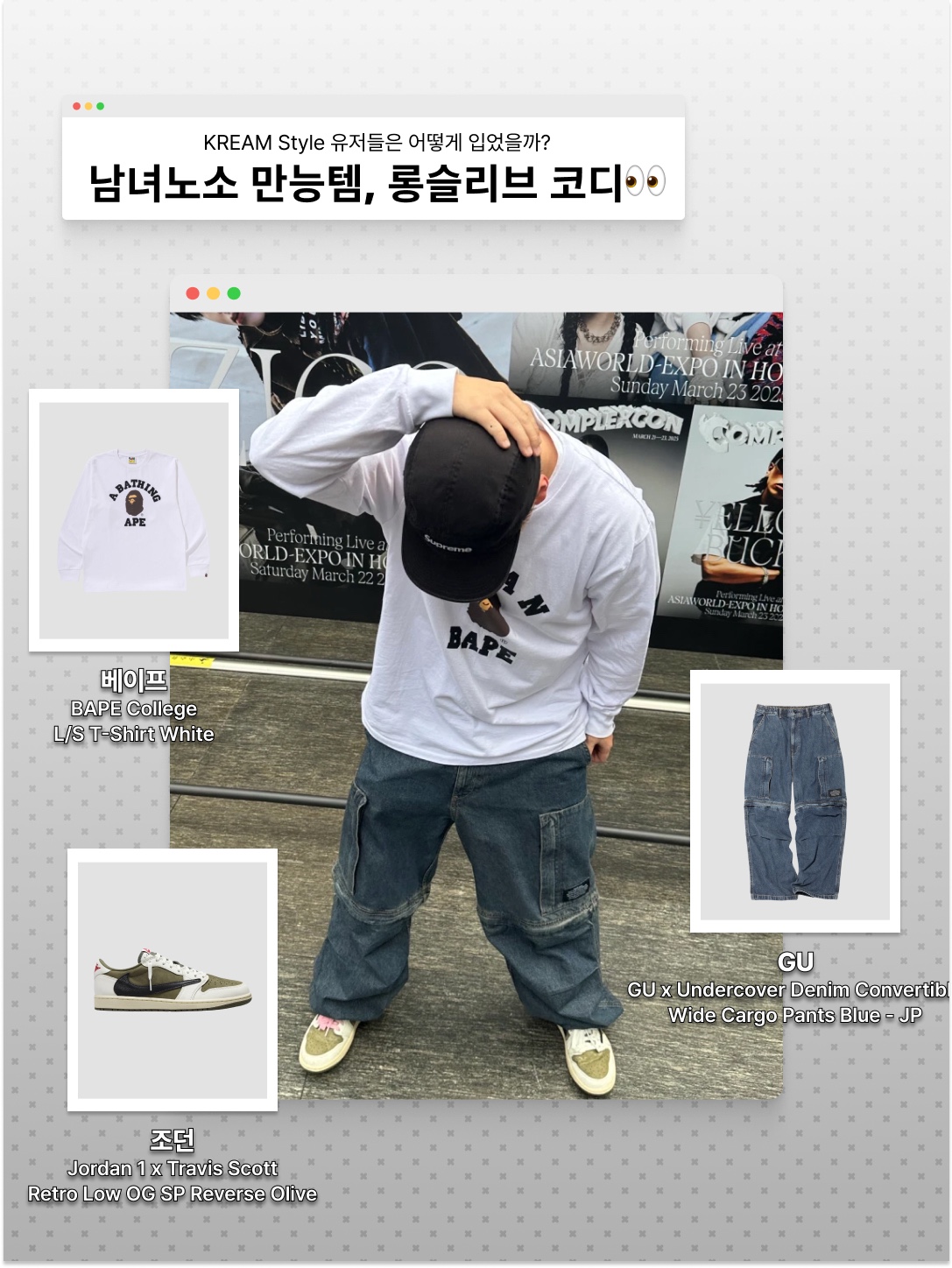 Supreme Waxed Cotton Camp Cap Black - 23FW, Human Made Graphic L/S T-Shirt #3 White 착용 스타일 - 2