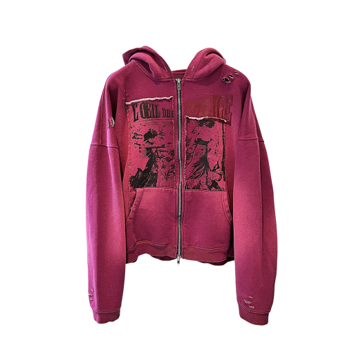 25SSUMCPOHR Undermycar 25SS Vintage Poster Old Dyeing Zipped Hoodie Red