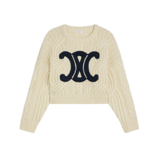 (W) Celine Triomphe Crew Neck Sweater in Aran Wool Ecru Navy