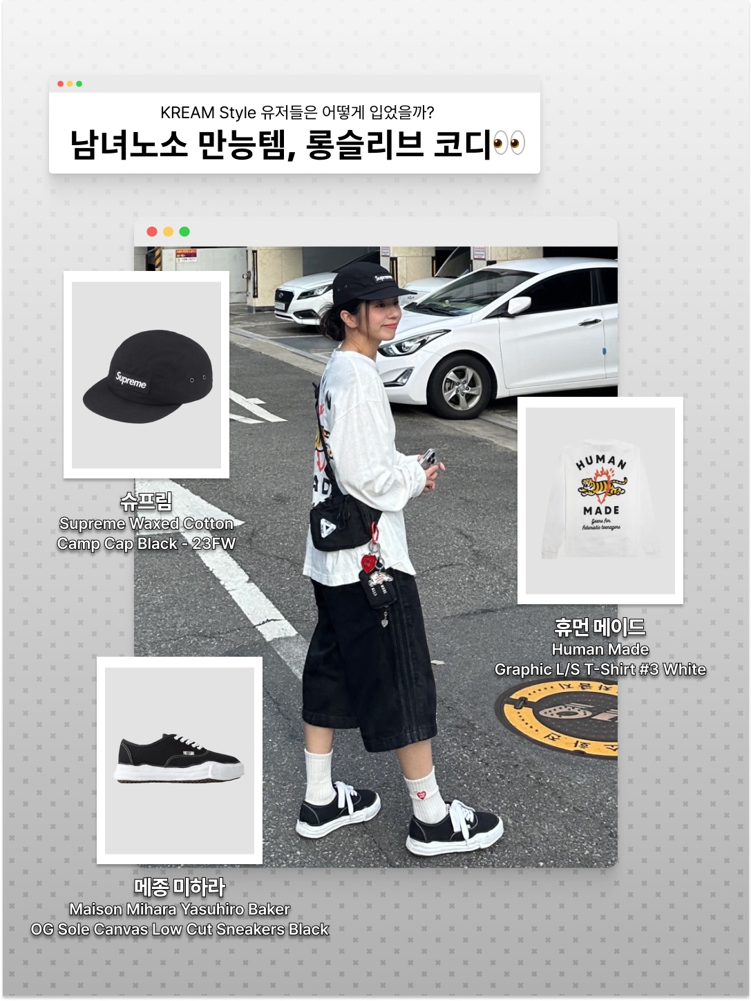 Supreme Waxed Cotton Camp Cap Black - 23FW, Human Made Graphic L/S T-Shirt #3 White 착용 스타일 - 1