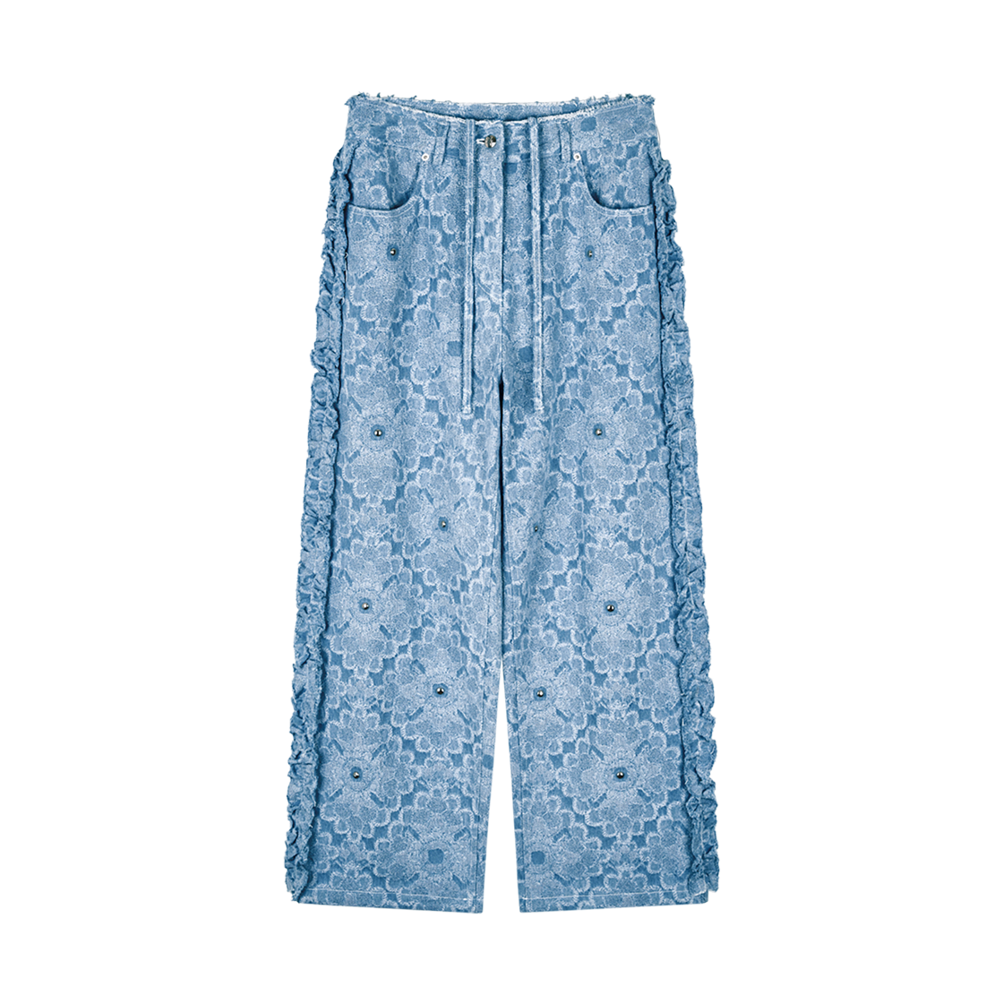 김미더영 스터드 플라워 컷 프릴 팬츠 하늘색(GIMMETHEYOUNG Stud Flower Cut Frill Pants Sky Blue)