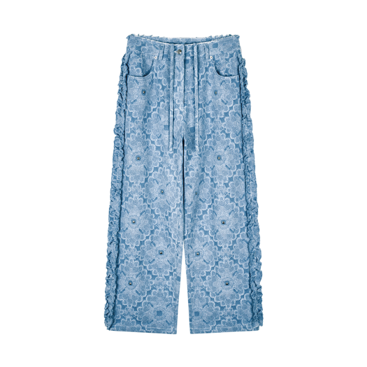 【Gimmetheyoung】G_STUD FLOWER CUT FRILL PANTS SKY BLUE GIMMETHEYOUNG G_Stud Flower Cut Frill Pants - Sky Blue