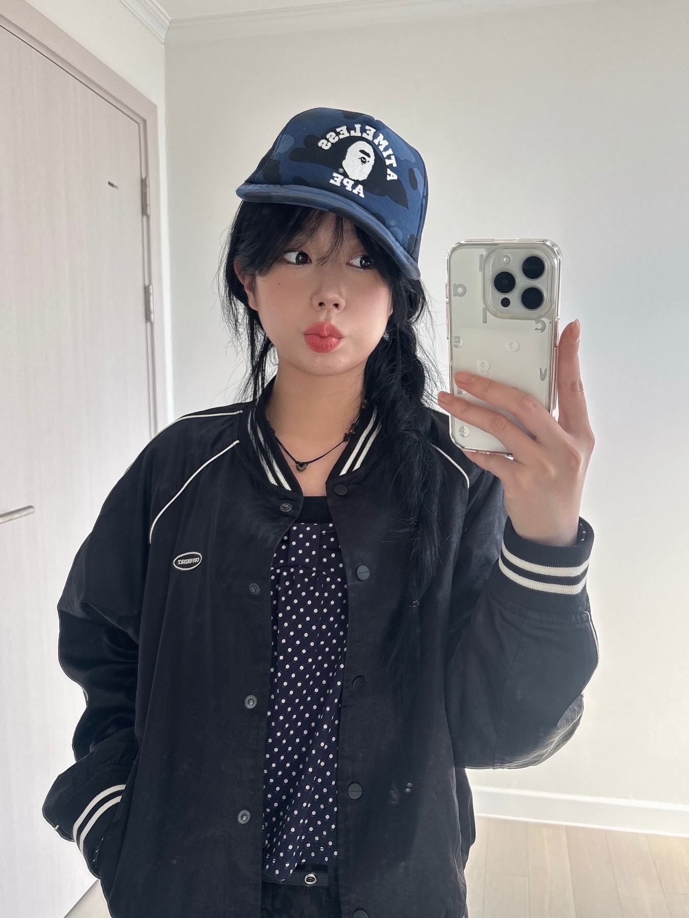 BAPE x JJJJound Color Camo College Mesh Cap Navy 착용 스타일 - 4