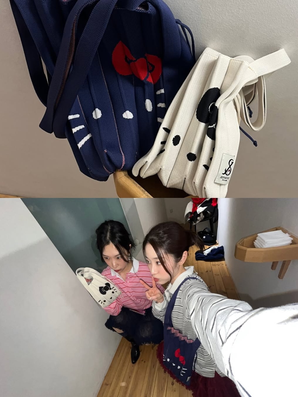 조셉앤스테이시 럭키 플리츠 니트 미디움 헬로키티 인디고 바이올렛, 조셉앤스테이시 럭키 플리츠 니트 스몰 헬로키티 바닐라 착용 스타일 - 4